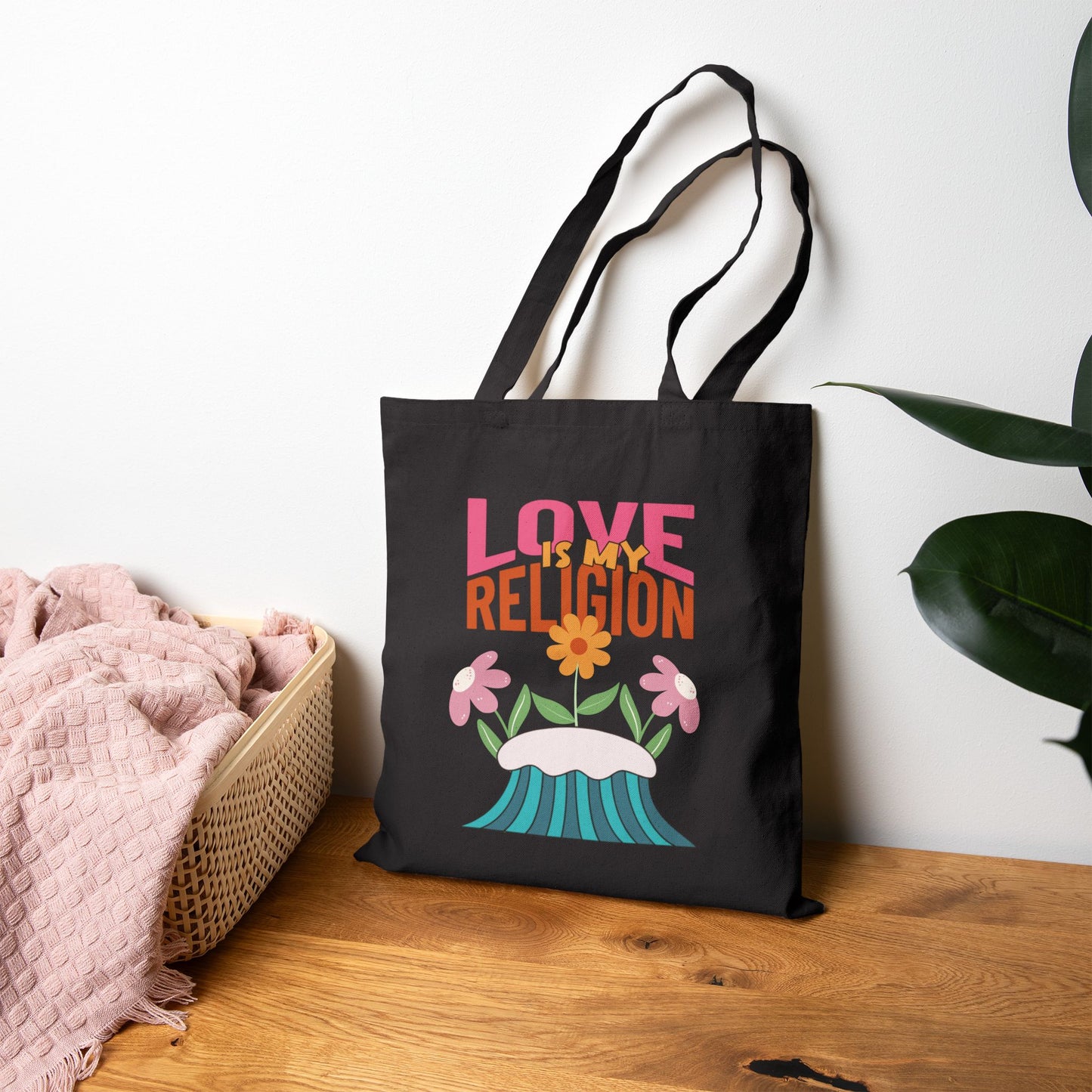 Love Is My Religion Cotton Tote — Floral Retro Canvas Bag