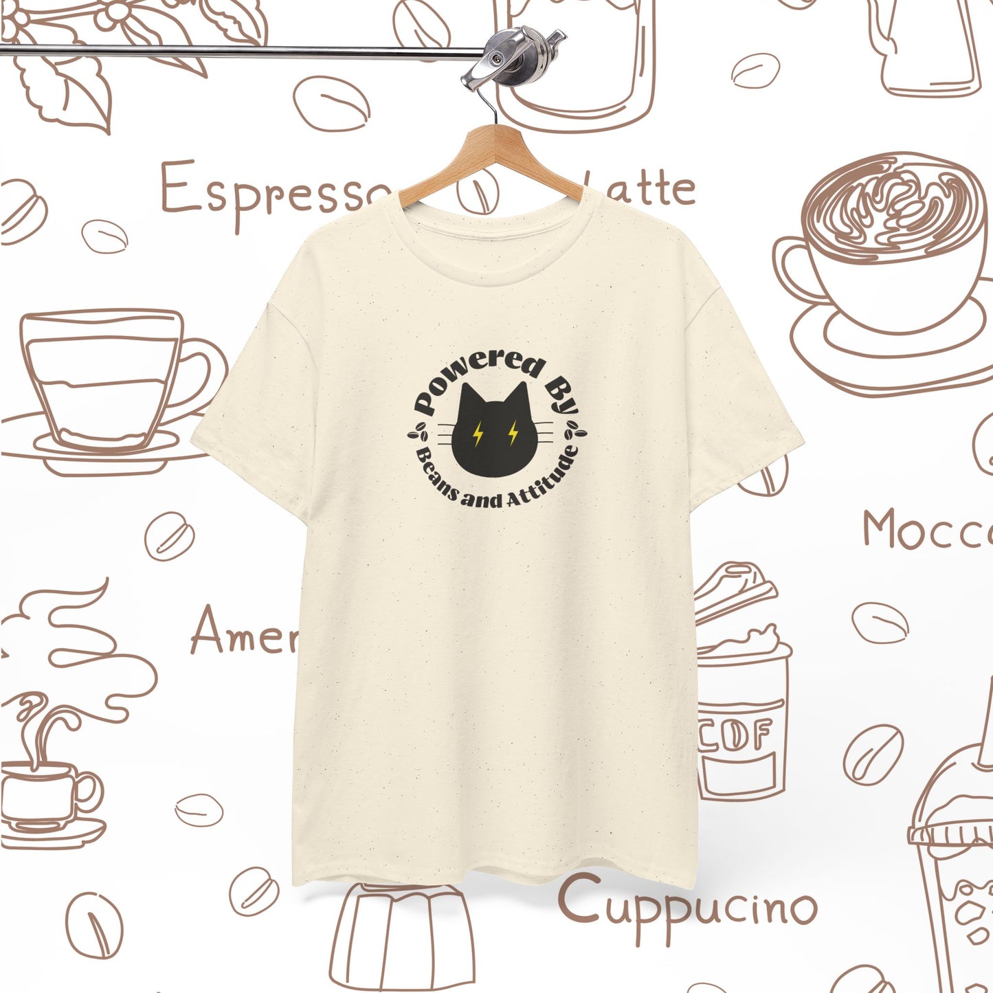 Powered By Beans & Attitude - Coffee Cat graphic tee | minimalist coffee cat illustration, pet lover shirt
