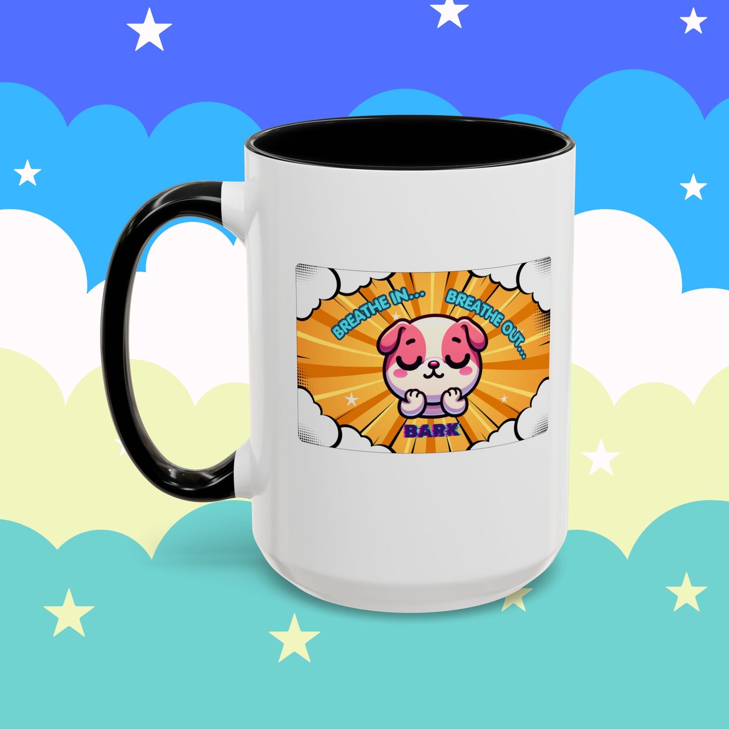 Stay Calm Pink Bulldog Kawaii Emote Coffee Mug — "Breathe In... Breathe Out... Bark"