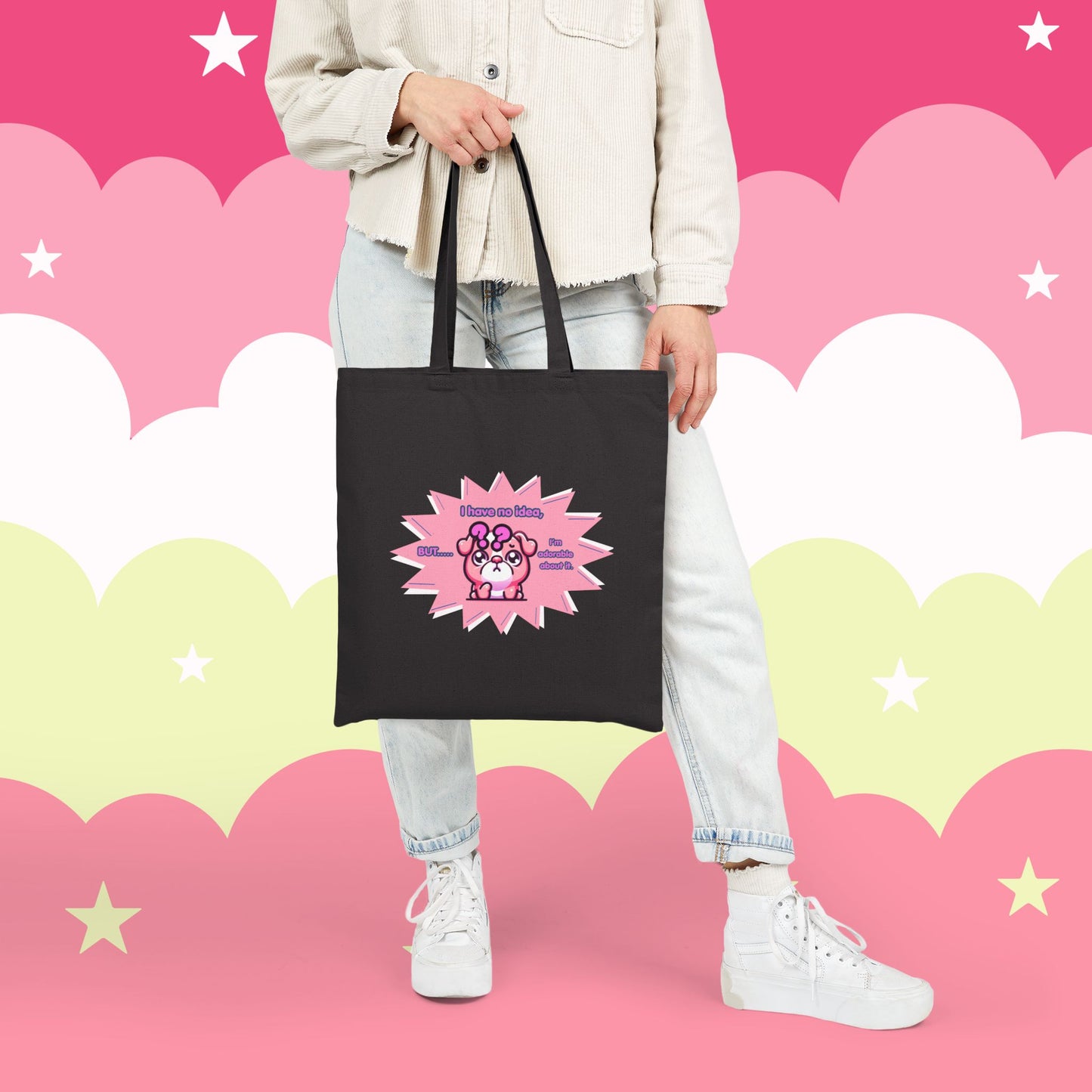 Confused Pink Bulldog Tote Bag — "I have no idea, but... I'm adorable about it."