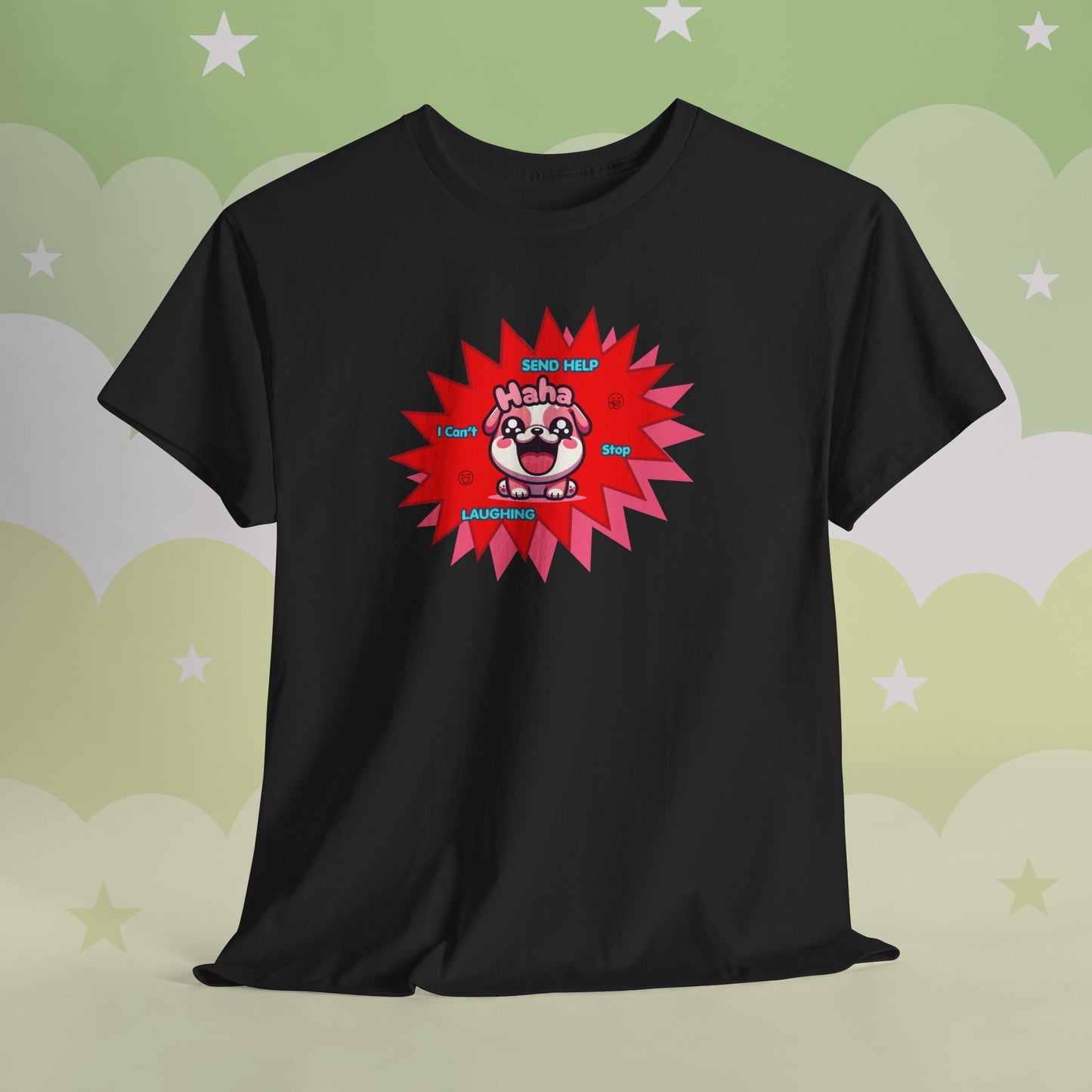 Laughing Pink Bulldog T-Shirt — "Help, I Can't Stop Laughing" Funny Emote Tee