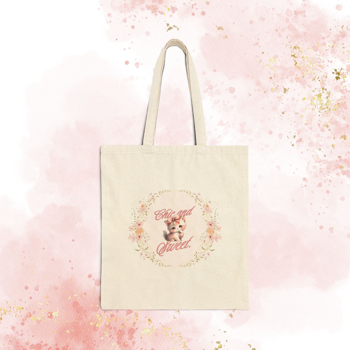 Chic & Sweet - Blushing Kitten Valentine Floral Wreath Tote Bag | Cute Kitten Animal Illustration
