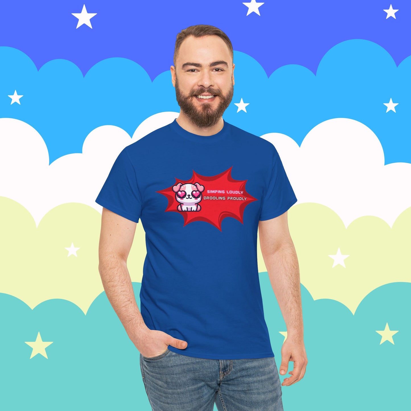 Kawaii Heart-Eyed "Simping Loudly, Drooling Proudly" Pink Bulldog T-Shirt
