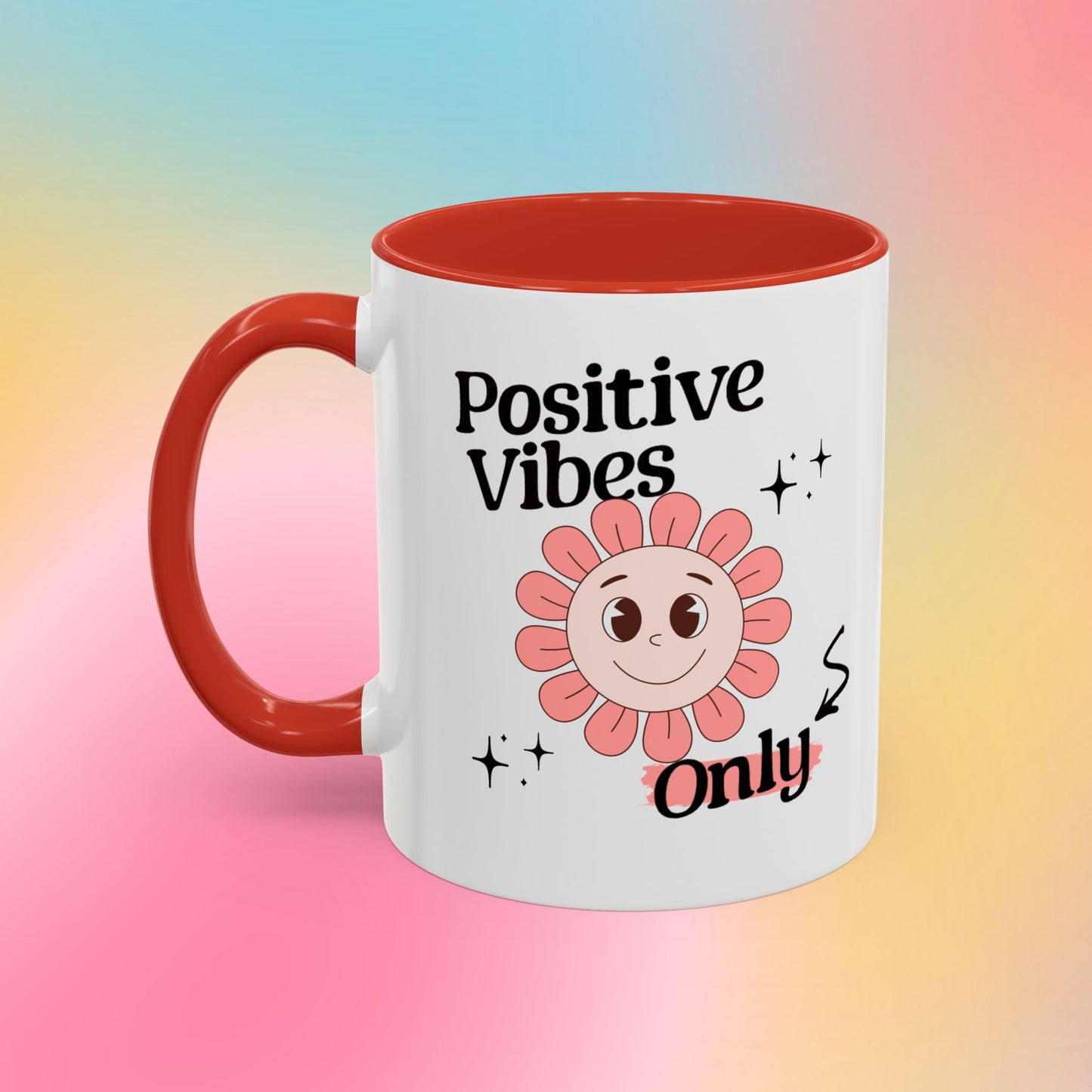 Retro Smiling Pink Flower Accent Coffee Mug — "Positive Vibes Only"