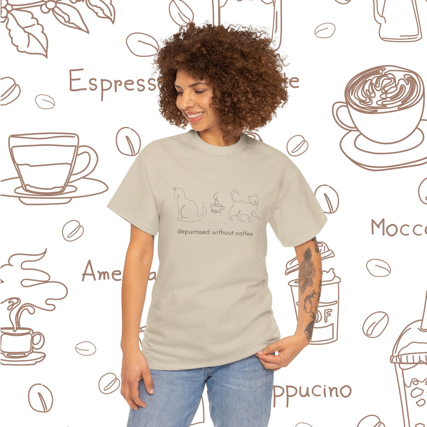 Depurrssed Without Coffee — Minimalist Caffeine Tee, Coffee Cat T‑Shirt