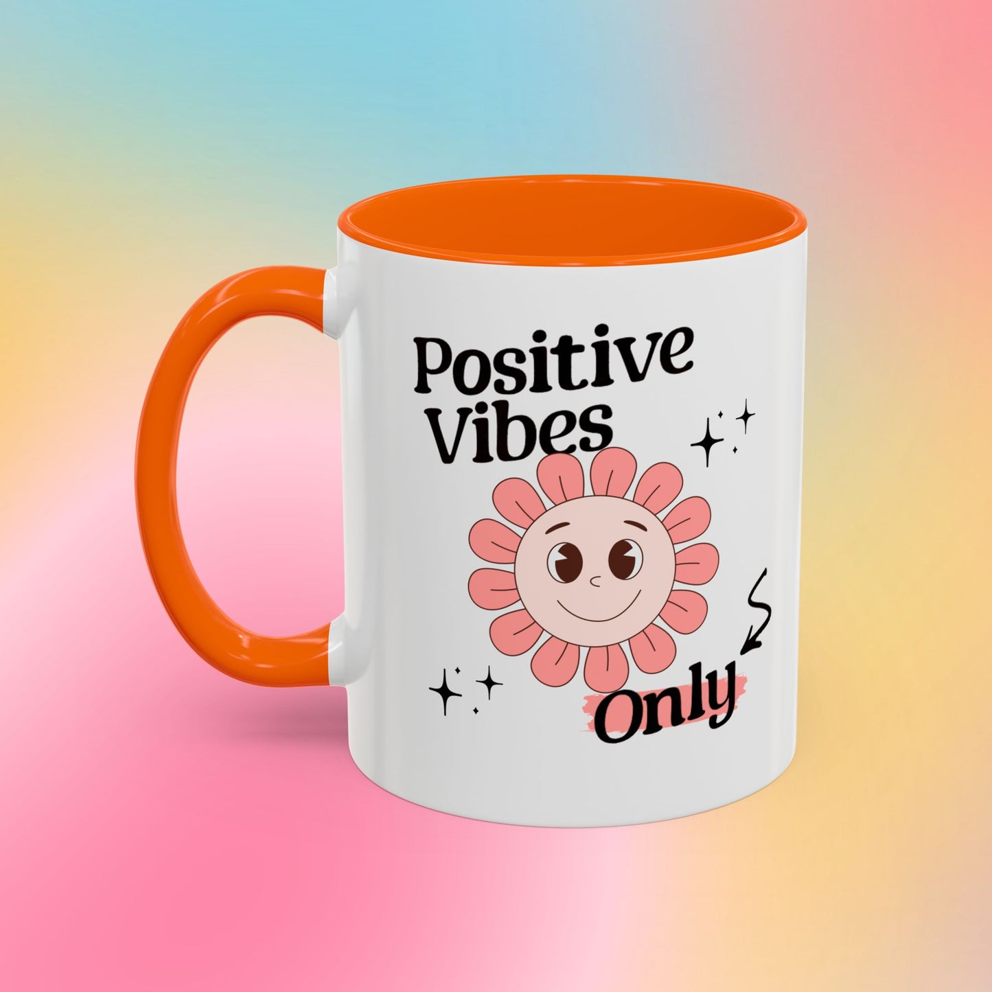 Retro Smiling Pink Flower Accent Coffee Mug — "Positive Vibes Only"