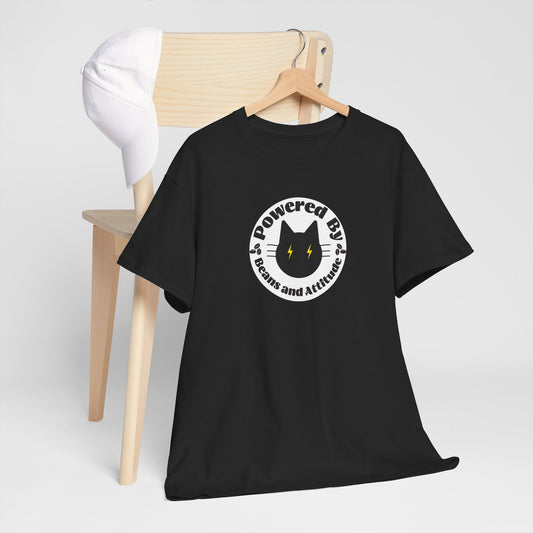 Powered By Beans & Attitude - Coffee Cat graphic tee | minimalist coffee cat illustration, pet lover shirt