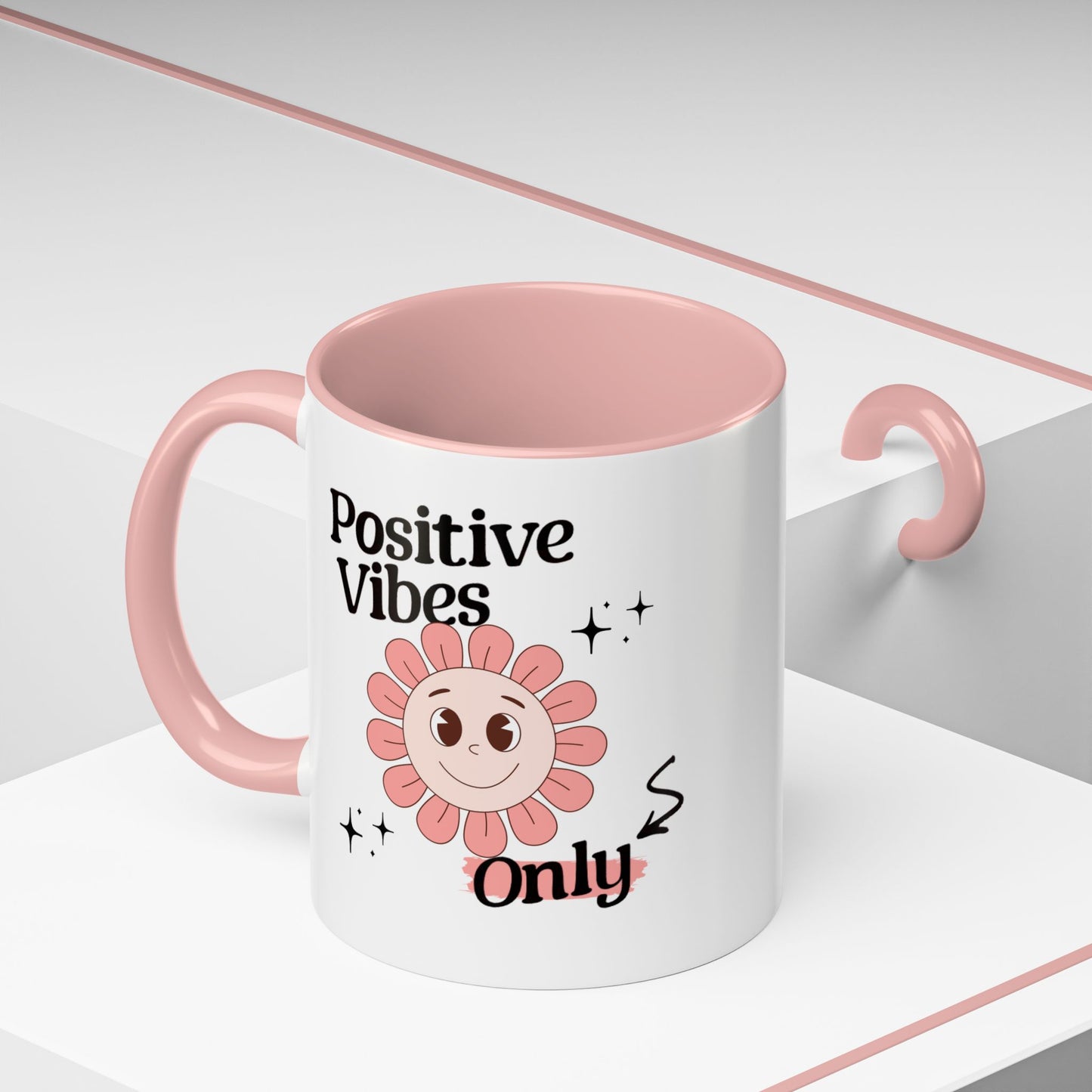 Retro Smiling Pink Flower Accent Coffee Mug — "Positive Vibes Only"