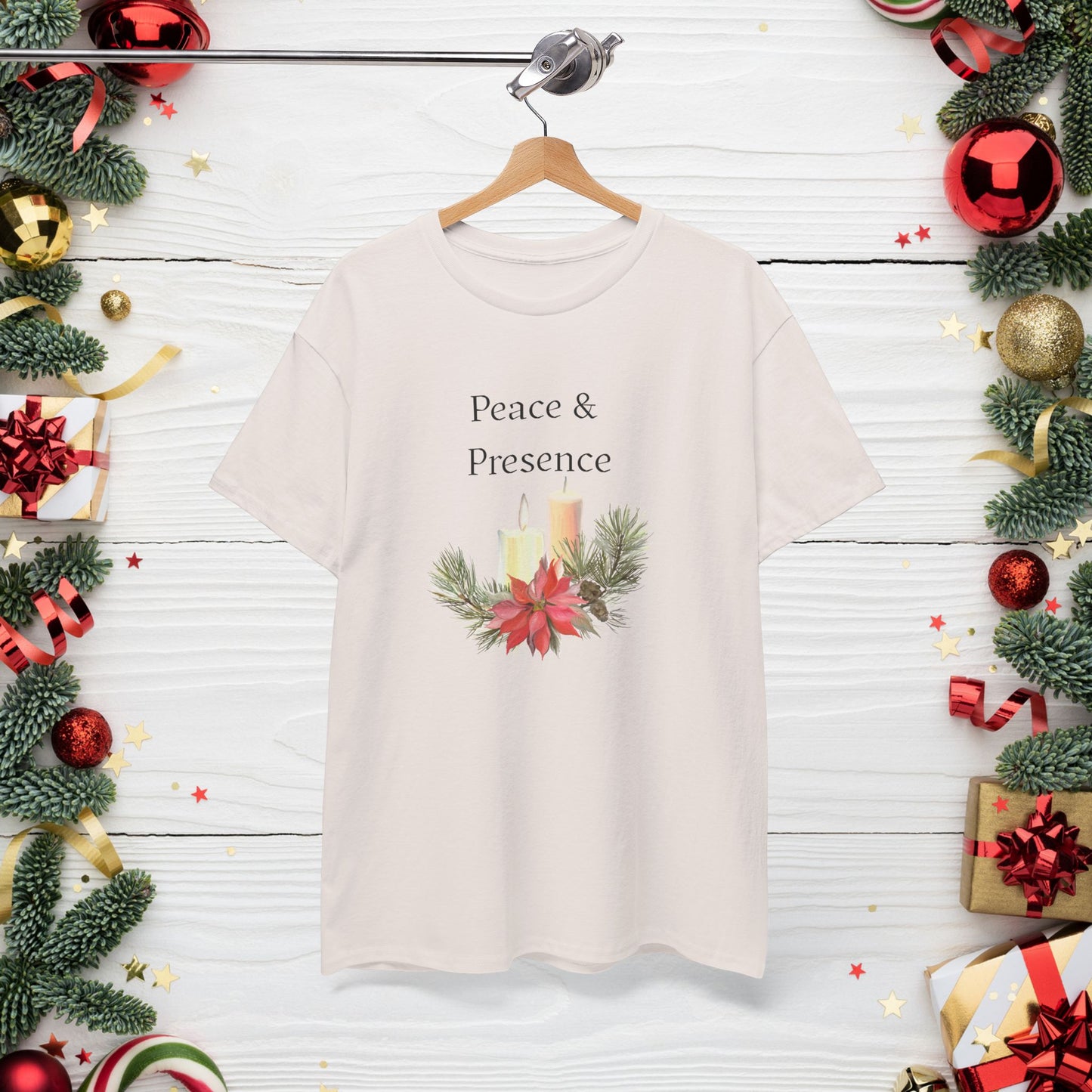 Peace & Presence Cozy Tee — Holiday Floral Christmas T‑Shirt, Cozy Christmas Aesthetic