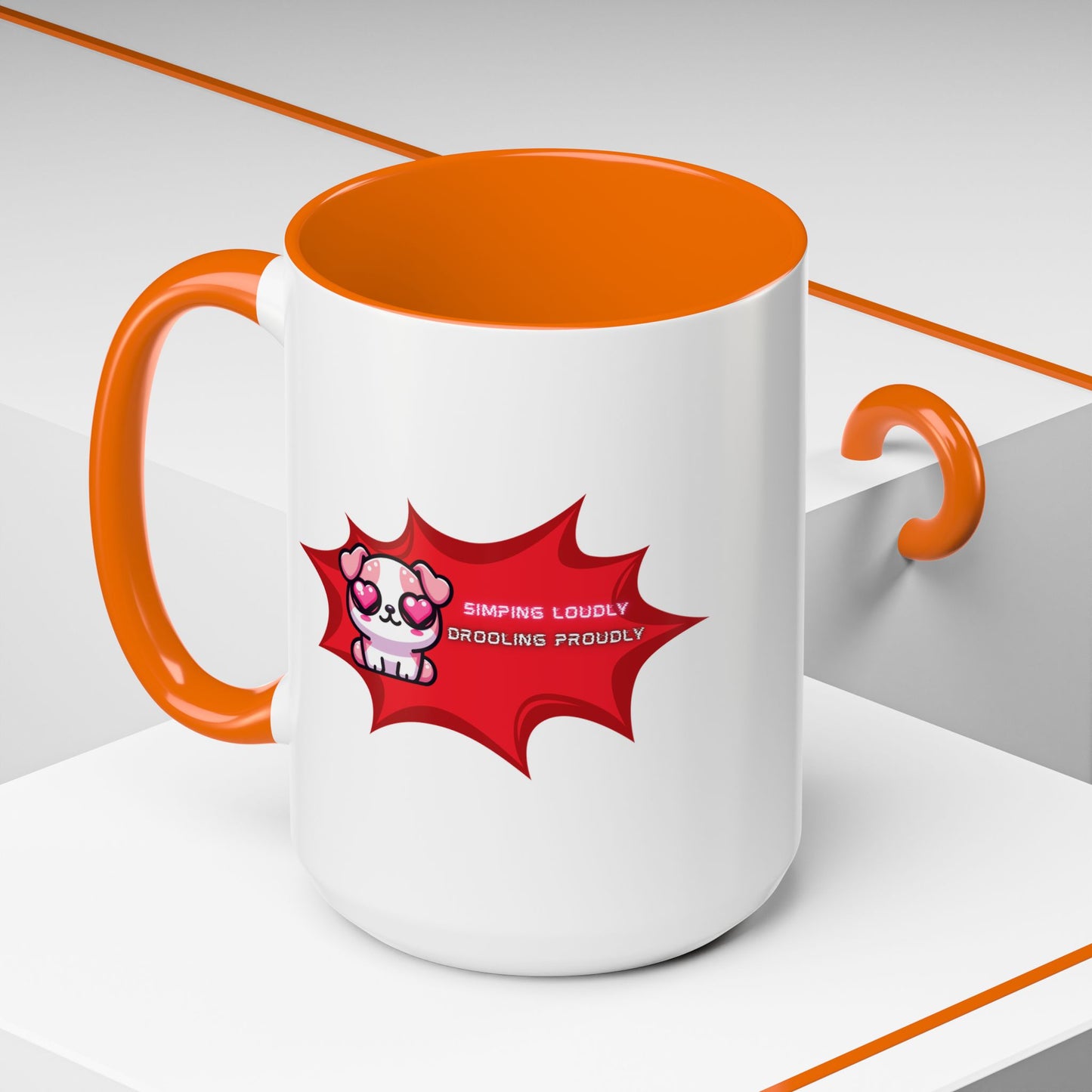 Cute Pink Bulldog Coffee Mug — “Simping Loudly, Drooling Proudly” Kawaii Heart-Eyed