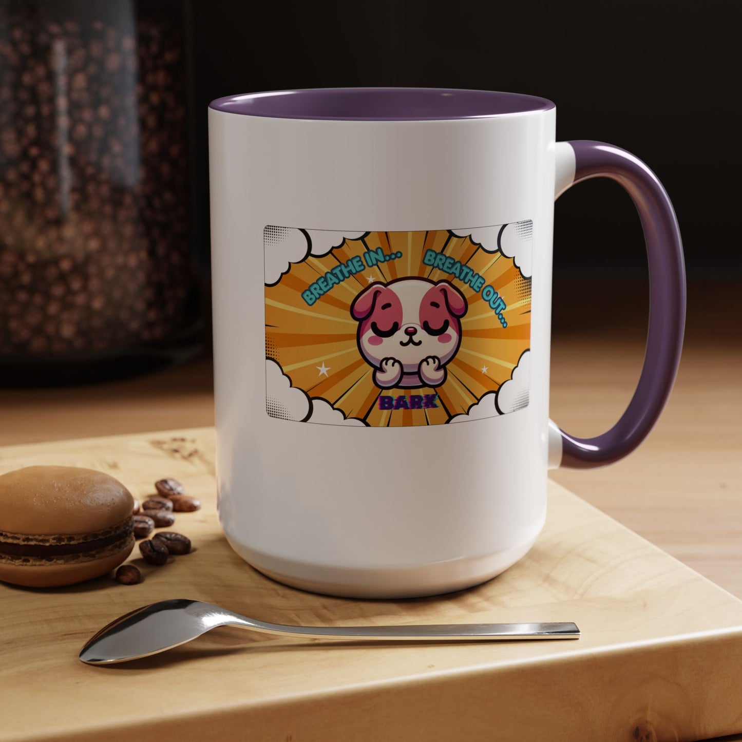 Stay Calm Pink Bulldog Kawaii Emote Coffee Mug — "Breathe In... Breathe Out... Bark"