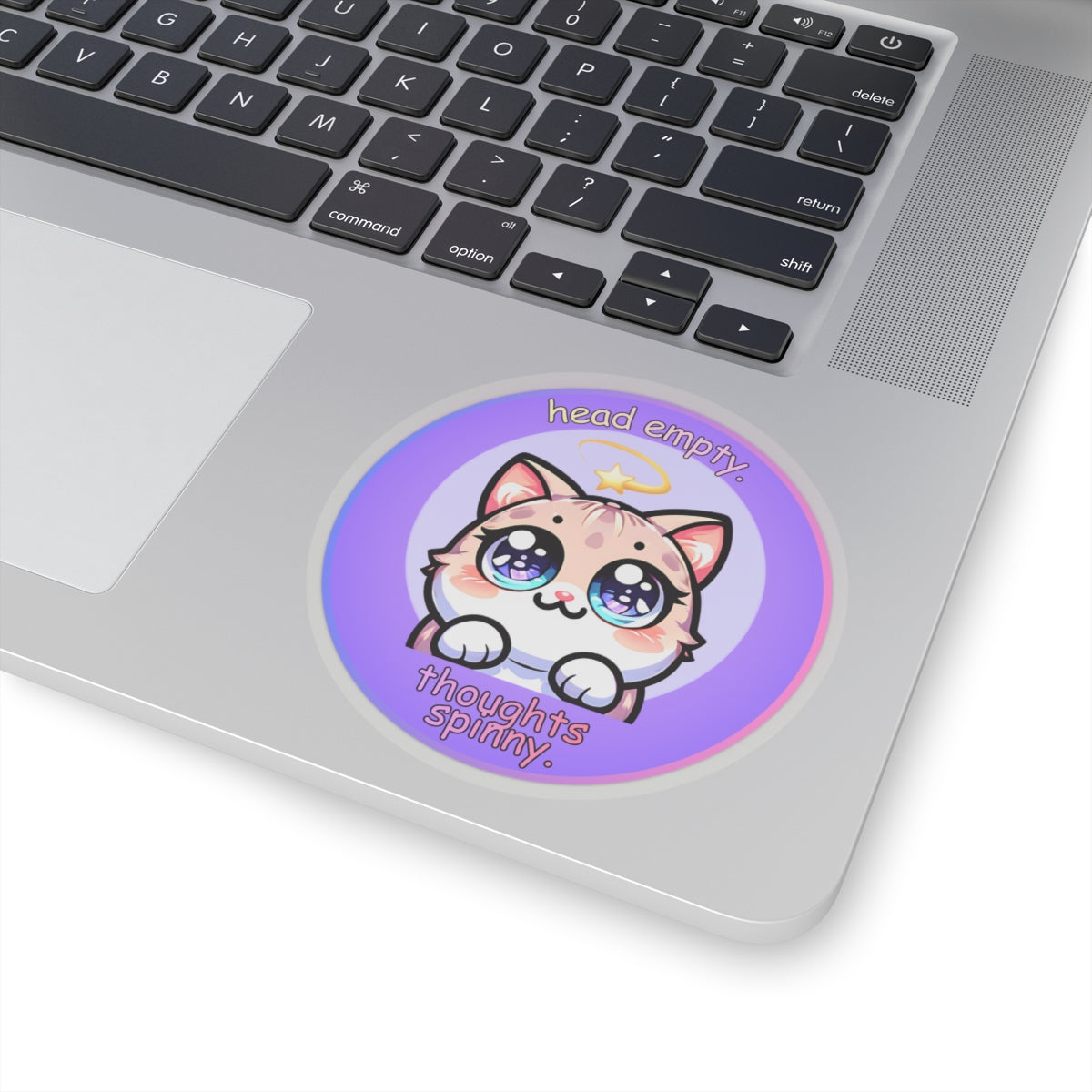 Kawaii Cat Sticker — "Head Empty, Thoughts Spinny" Round Kiss-Cut Vinyl Sticker
