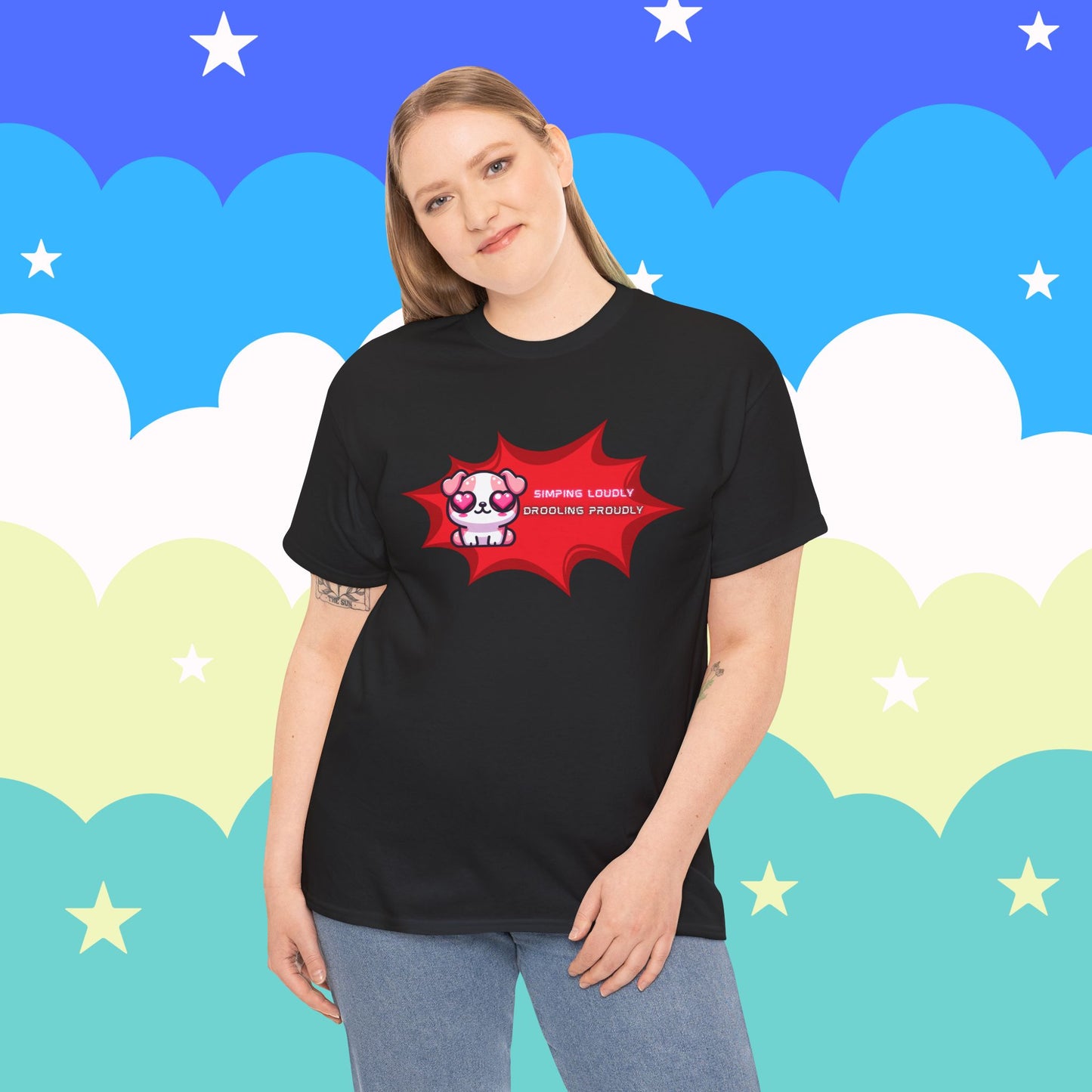 Kawaii Heart-Eyed "Simping Loudly, Drooling Proudly" Pink Bulldog T-Shirt