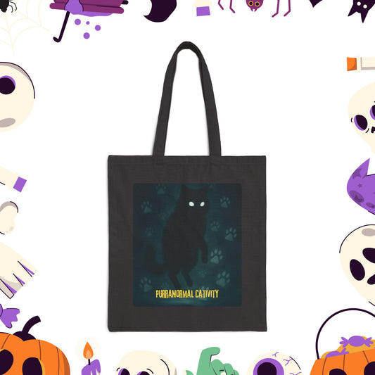 Purranormal Cativity Halloween Cat Cotton Canvas Tote Bag, Spooky Tote, Ghostly Shopping Bag, Eco-Friendly Trick-or-Treat Bag, Paranormal Cativity Bag