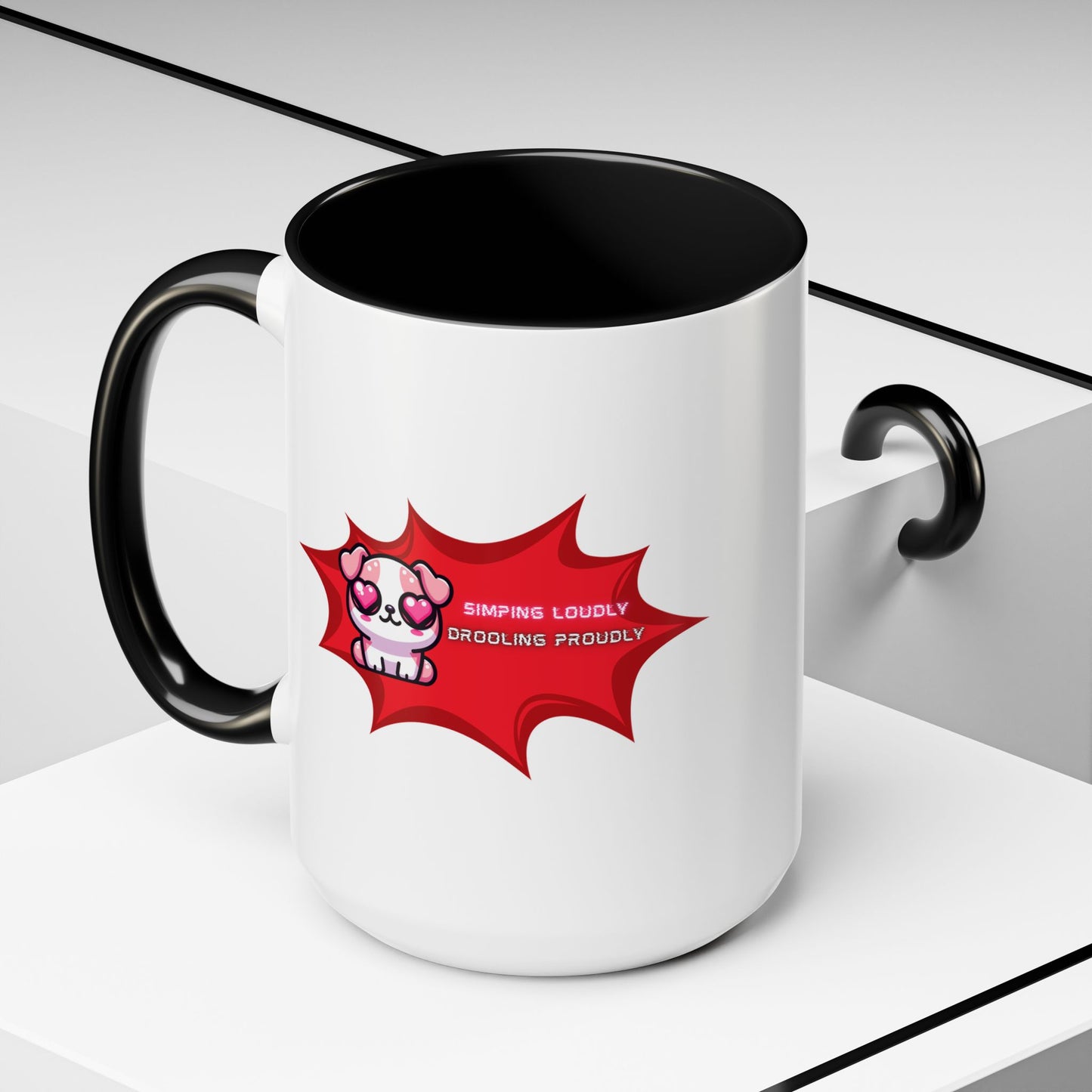 Cute Pink Bulldog Coffee Mug — “Simping Loudly, Drooling Proudly” Kawaii Heart-Eyed