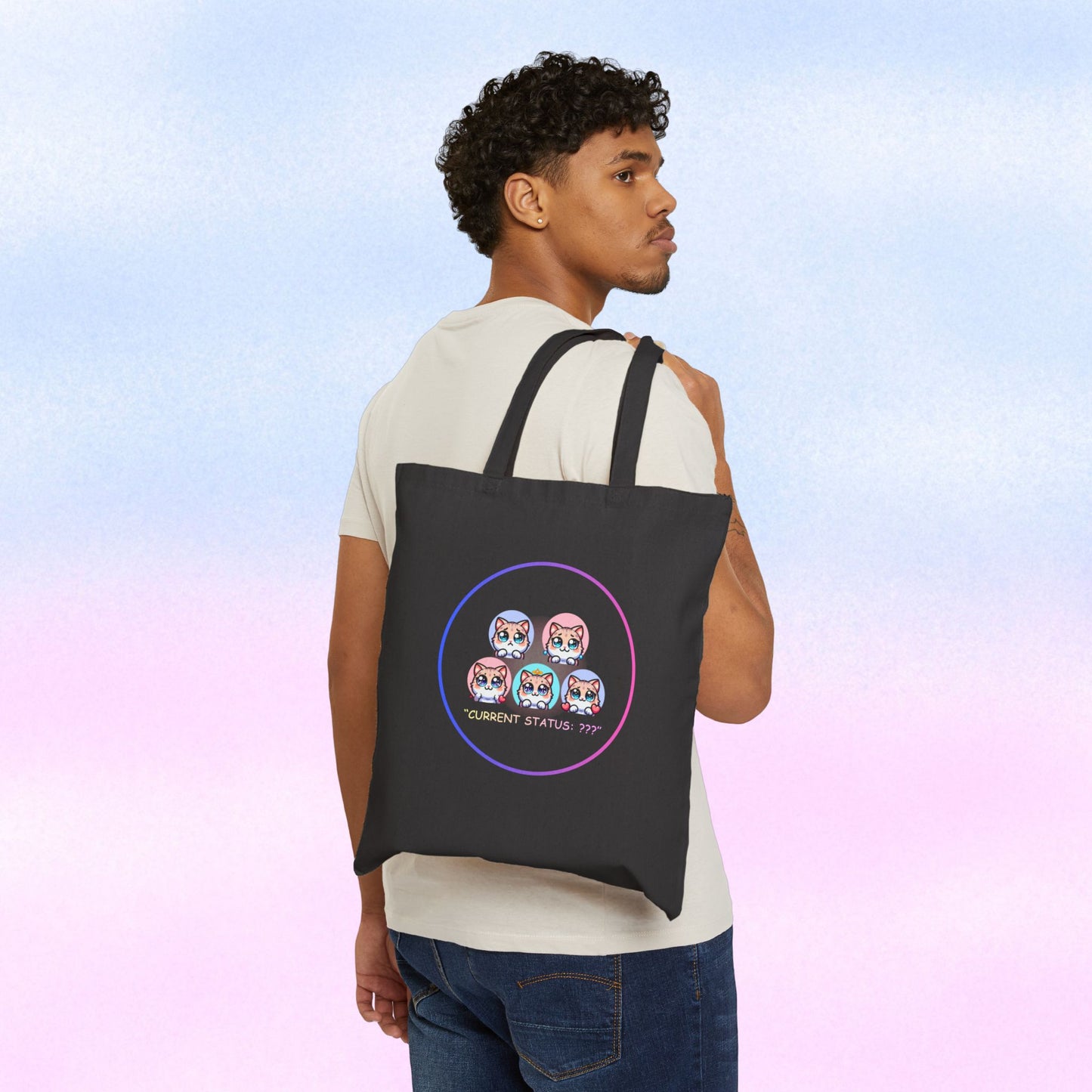 Cat Mood Tote Bag — Cute Kawaii Cat Faces "Current Status: ???" Canvas Tote