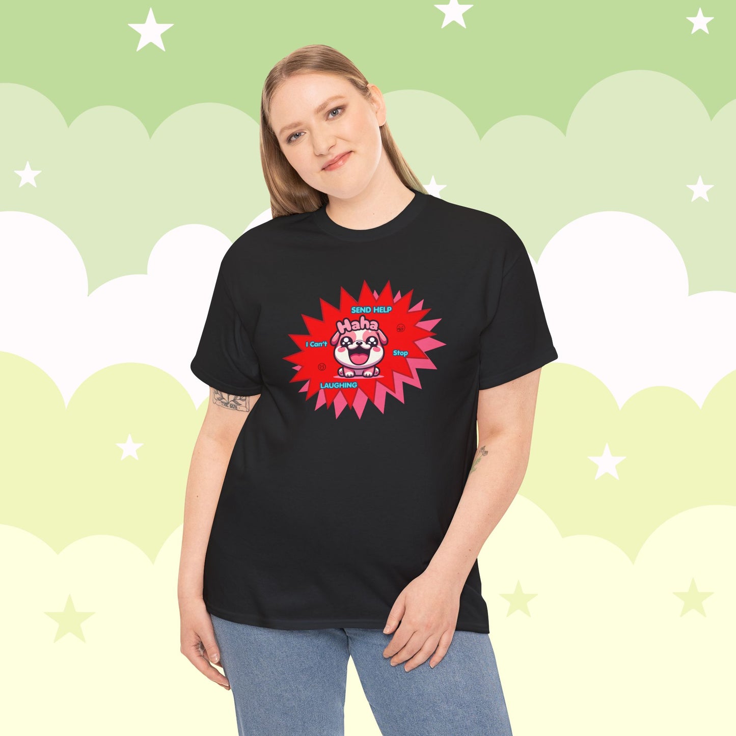 Laughing Pink Bulldog T-Shirt — "Help, I Can't Stop Laughing" Funny Emote Tee