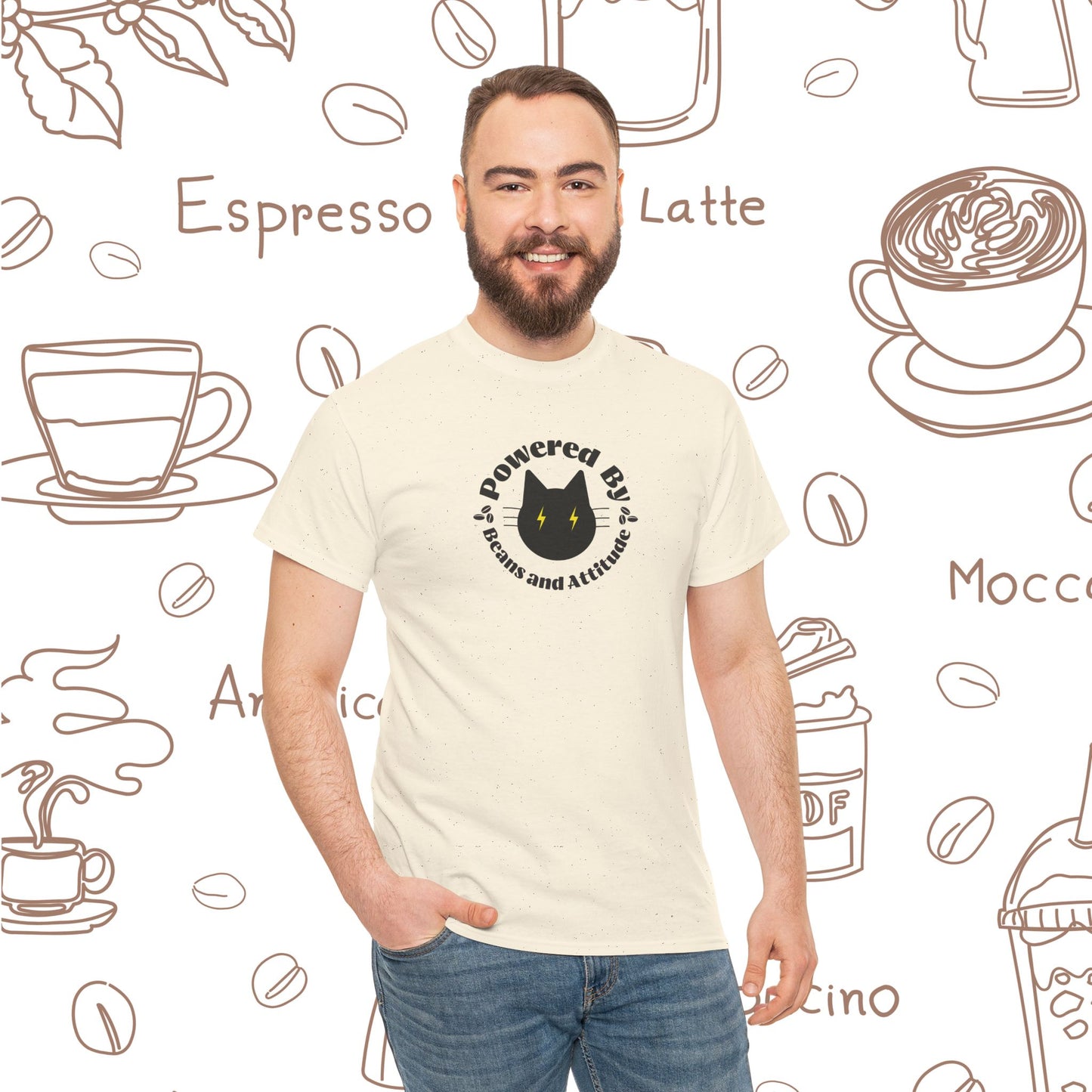 Powered By Beans & Attitude - Coffee Cat graphic tee | minimalist coffee cat illustration, pet lover shirt
