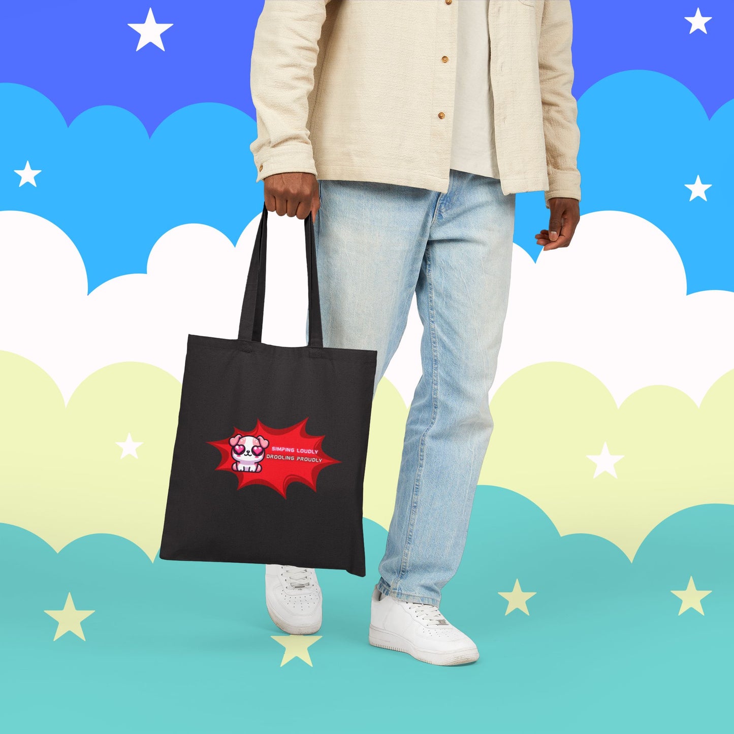 Kawaii Heart-Eyed Bulldog Tote — “Simping Loudly, Drooling Proudly” Cotton Canvas Bag
