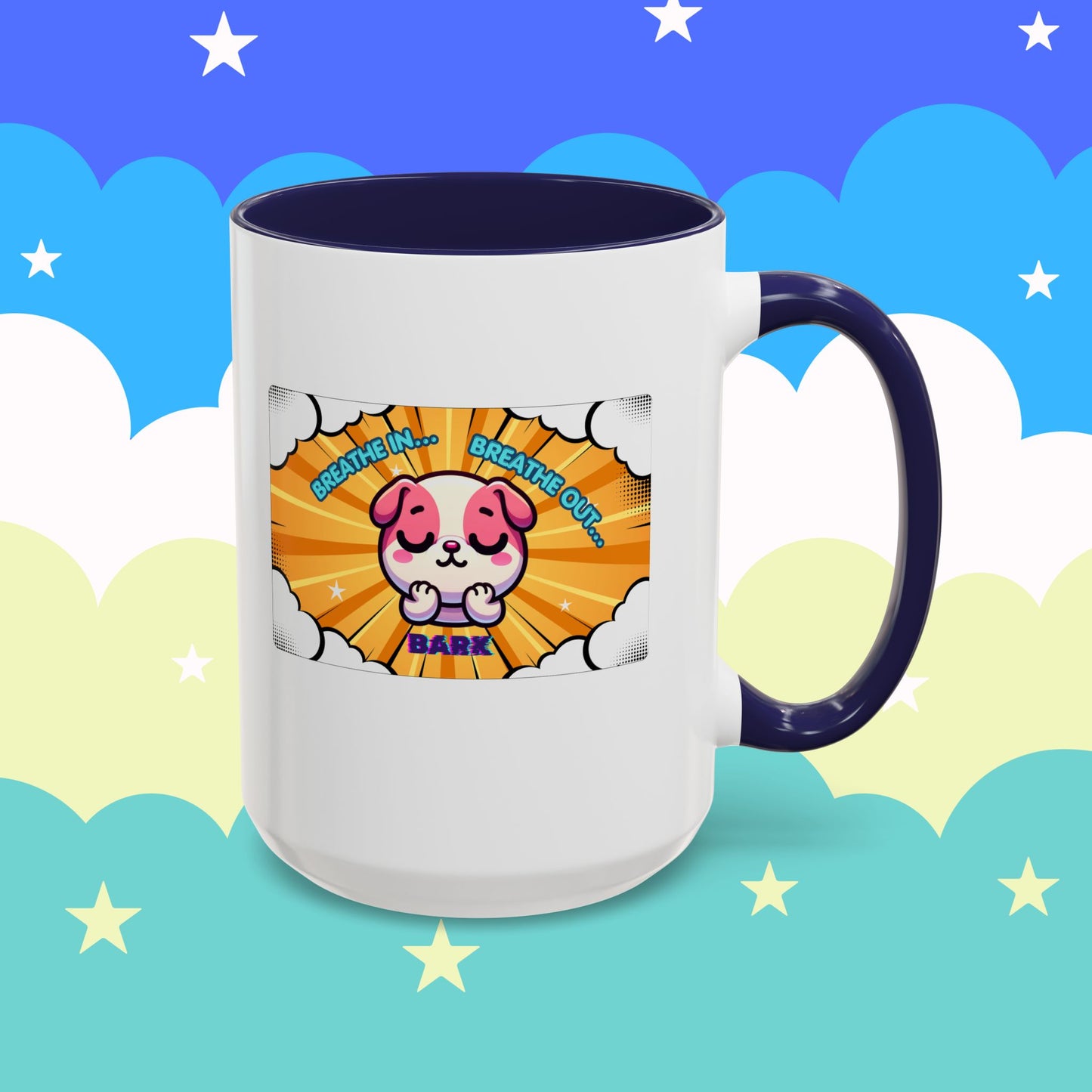 Stay Calm Pink Bulldog Kawaii Emote Coffee Mug — "Breathe In... Breathe Out... Bark"