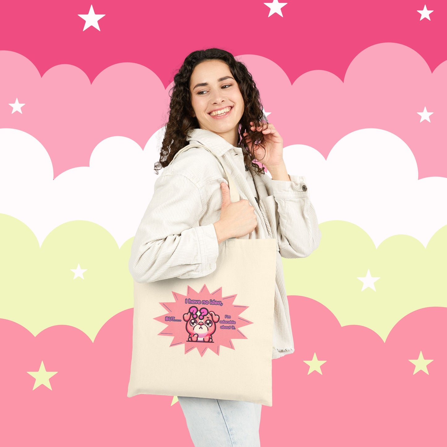 Confused Pink Bulldog Tote Bag — "I have no idea, but... I'm adorable about it."