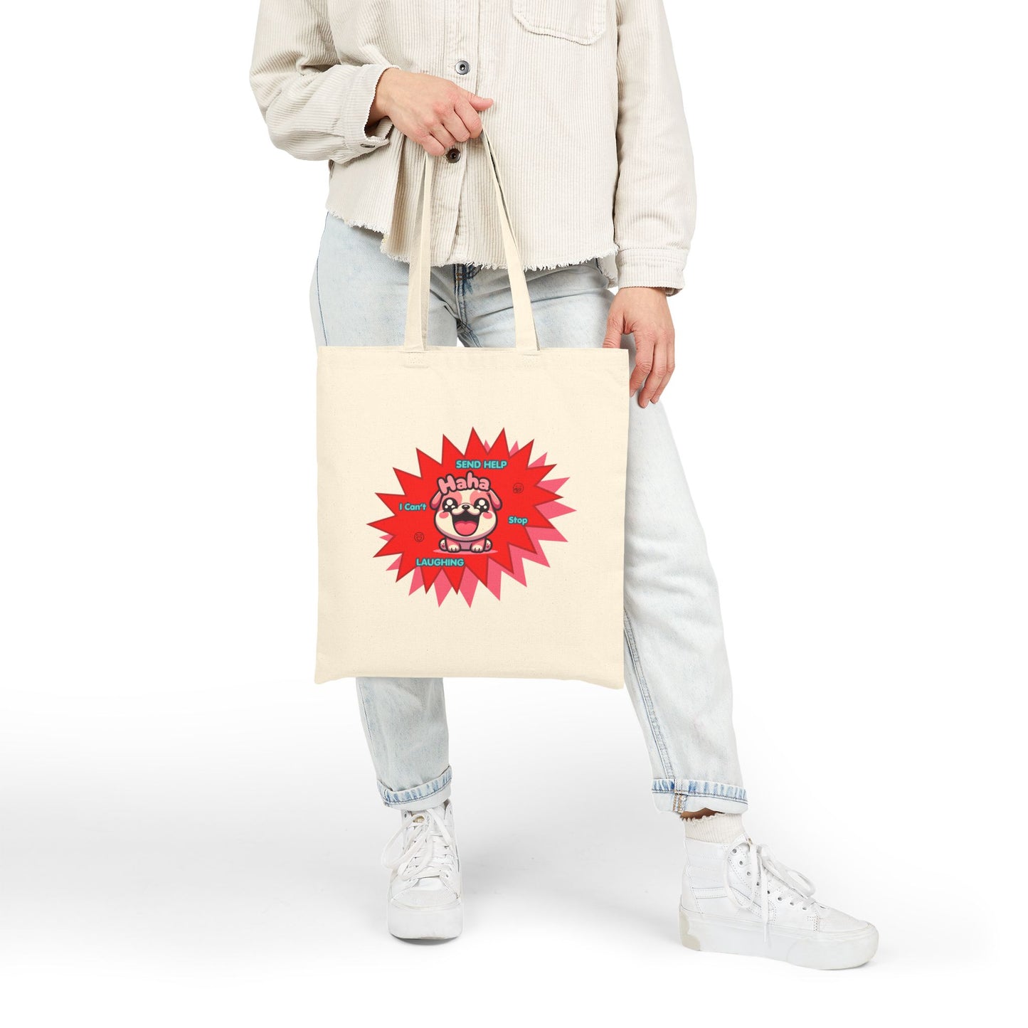 Canvas Tote Bag — Laughing Pink Bulldog "Send Help, I Can't Stop Laughing"