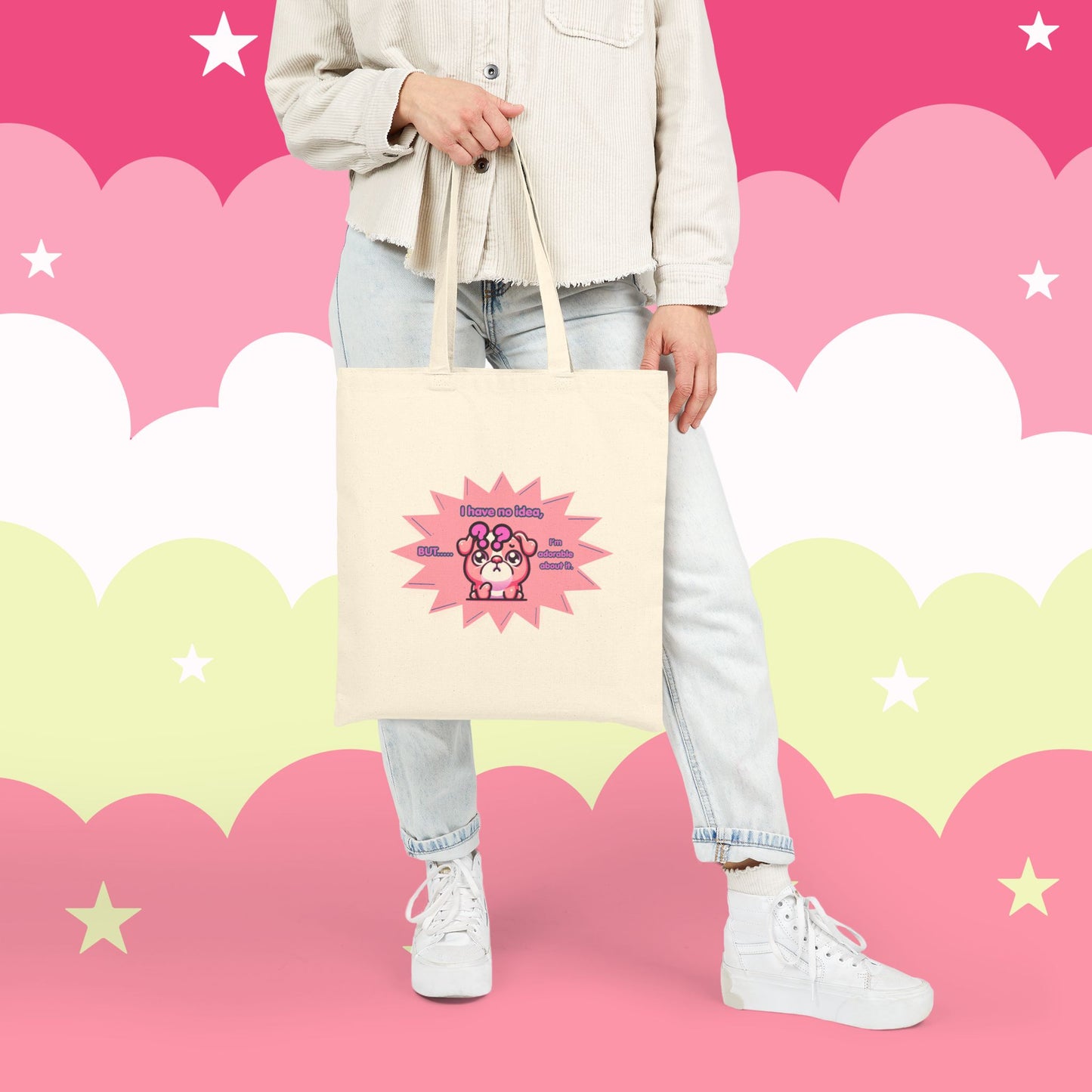 Confused Pink Bulldog Tote Bag — "I have no idea, but... I'm adorable about it."