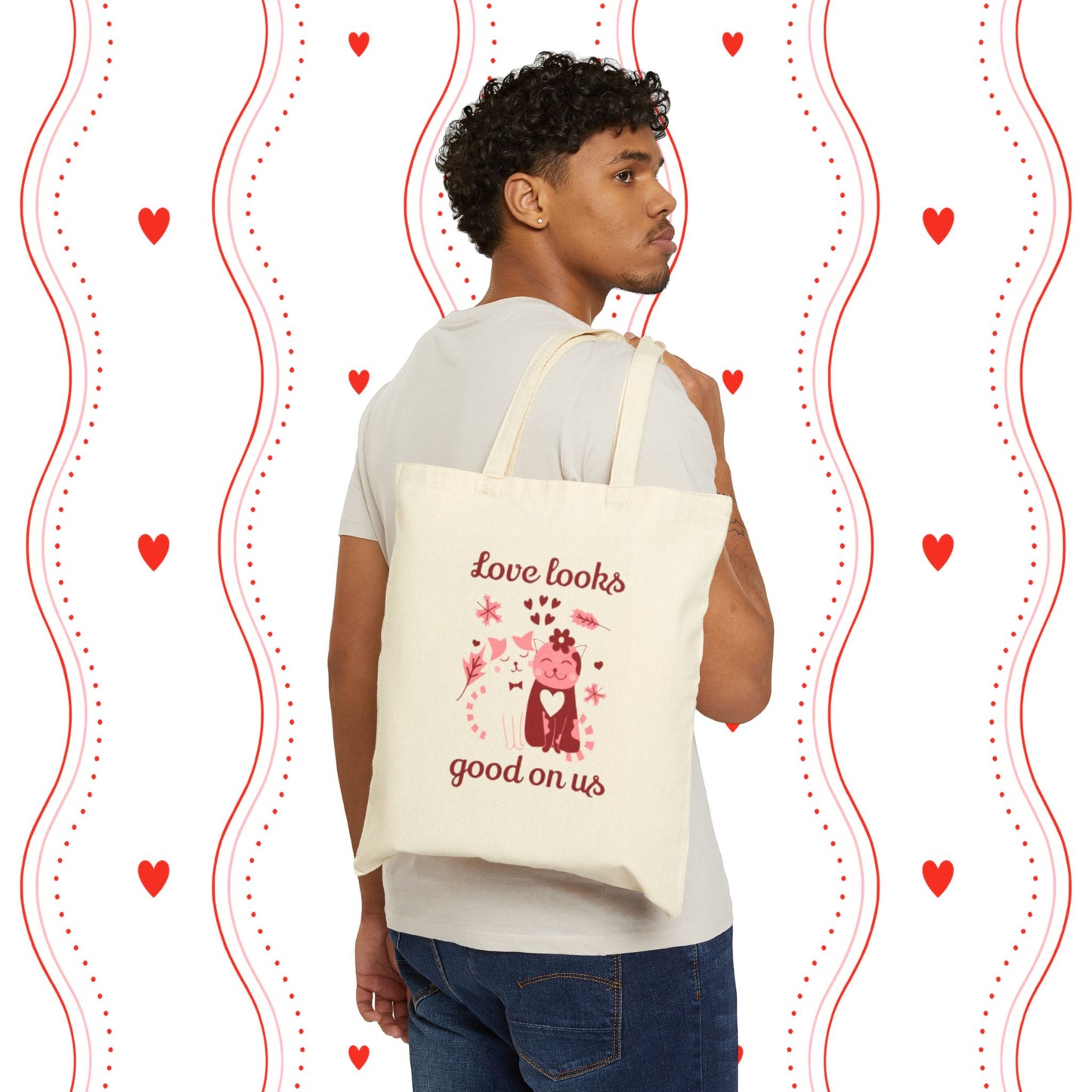 Love Looks Good On Us Tote Bag — Cute Cat & Heart Canvas Shopper