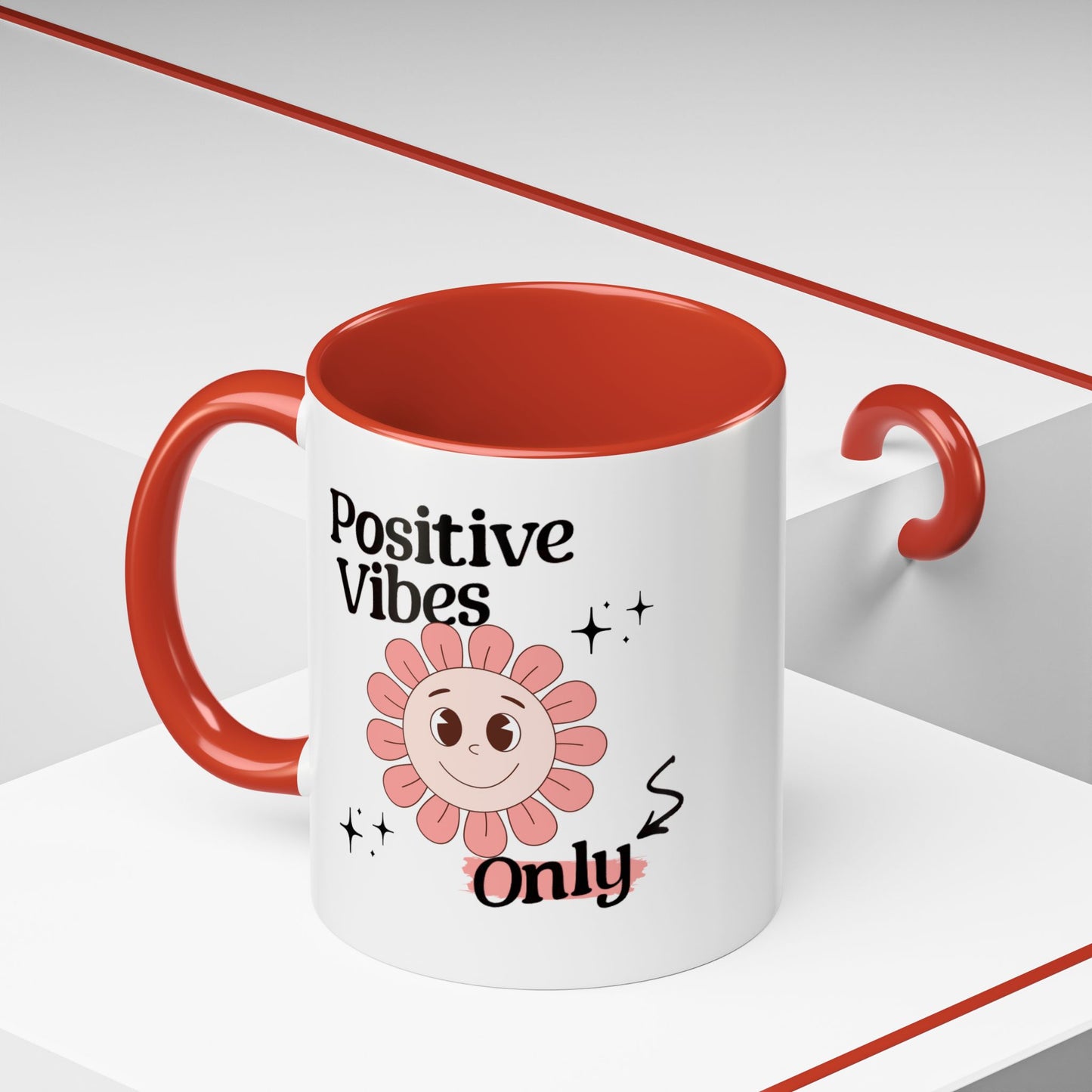 Retro Smiling Pink Flower Accent Coffee Mug — "Positive Vibes Only"