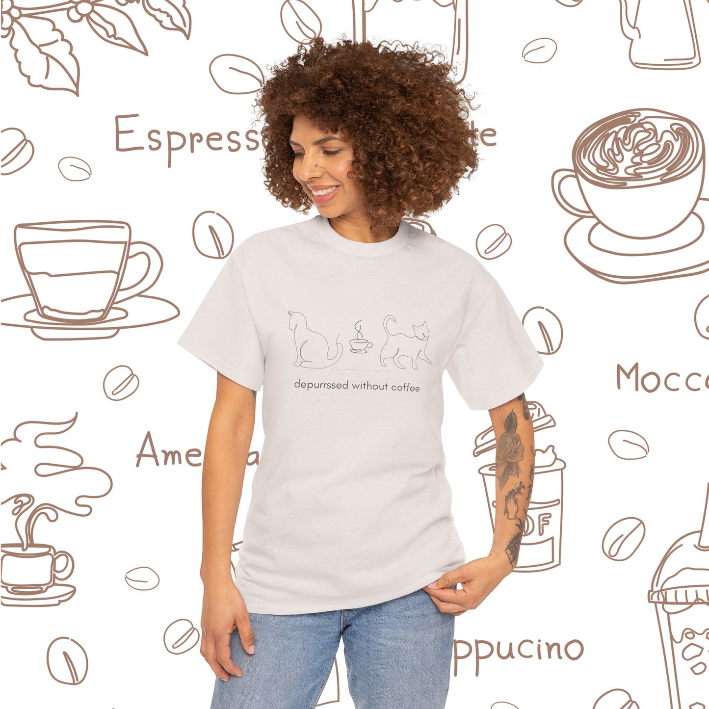 Depurrssed Without Coffee — Minimalist Caffeine Tee, Coffee Cat T‑Shirt