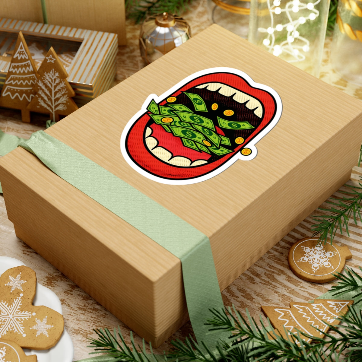 Pop Art Money Mouth Kiss-Cut Sticker — "Eating Prosperity"