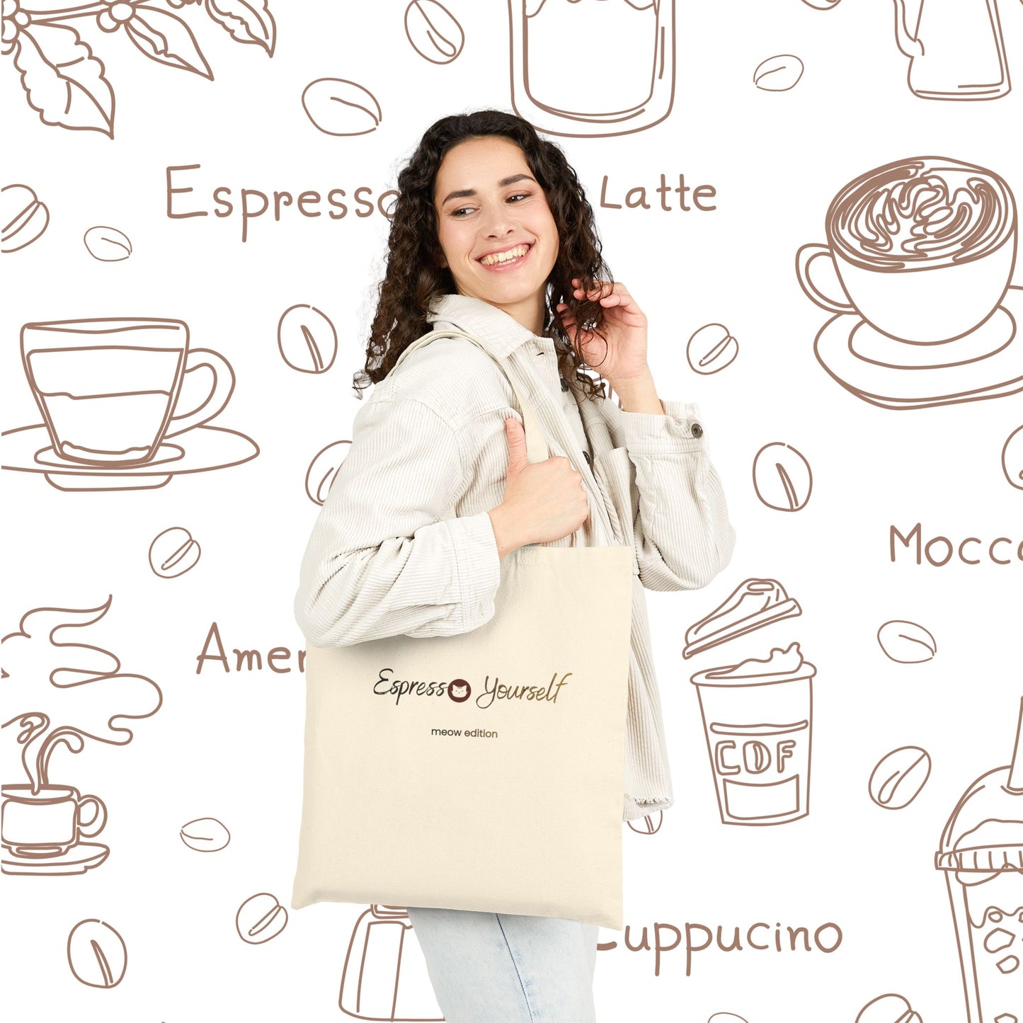 Espresso Yourself Meow Edition Coffee Cat Canvas Tote — Espresso Lover Cotton Bag