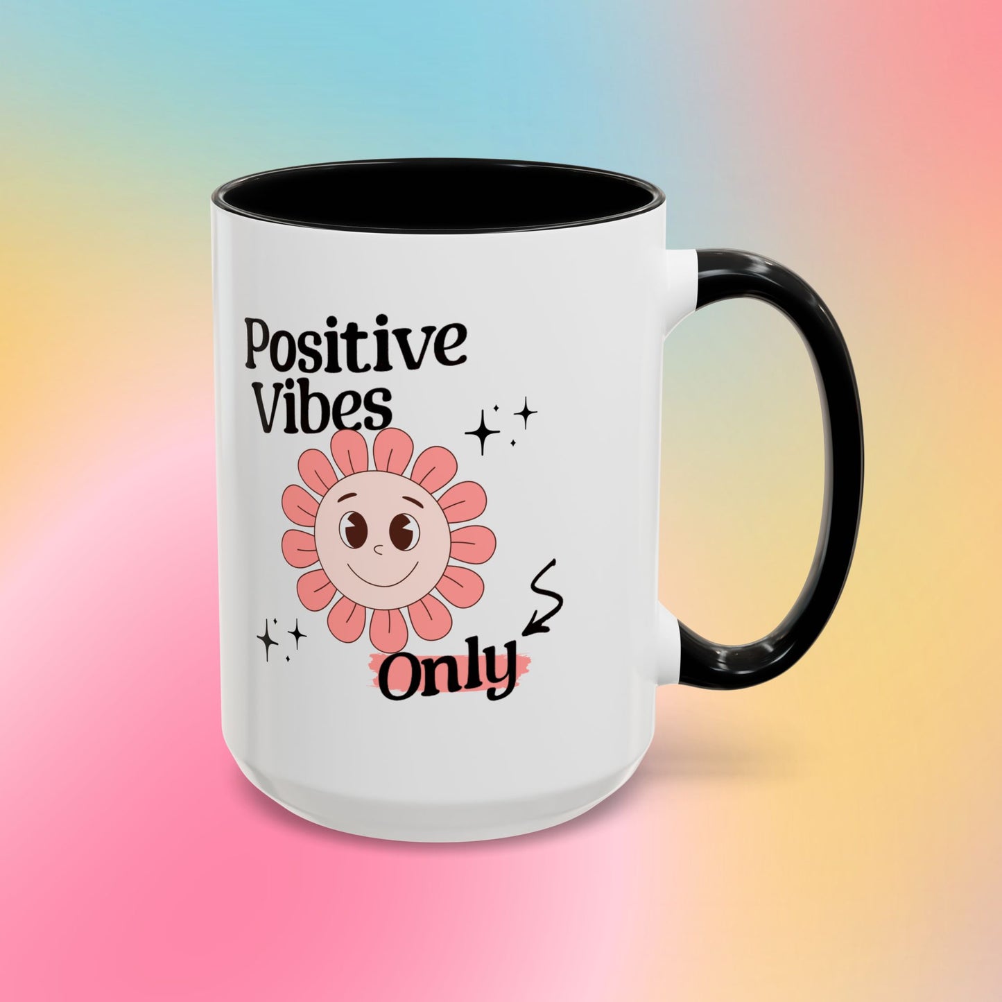 Retro Smiling Pink Flower Accent Coffee Mug — "Positive Vibes Only"
