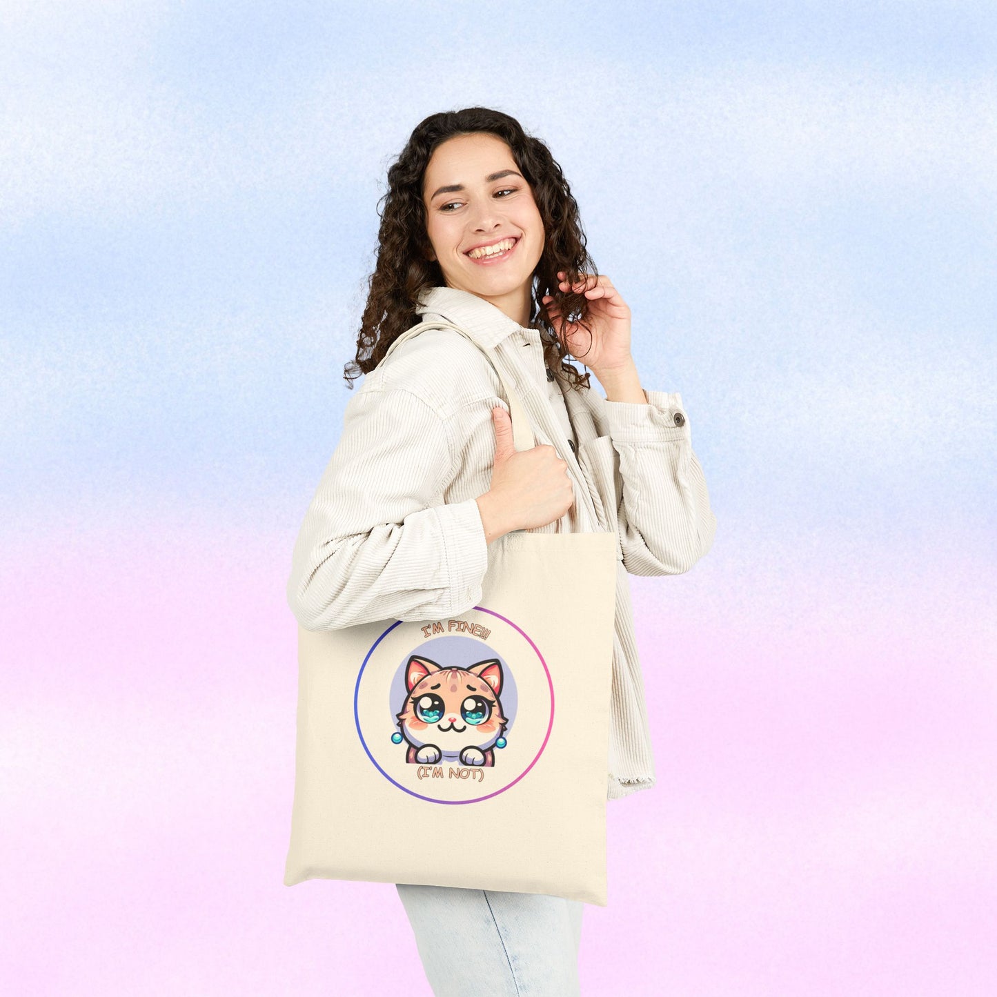 Tote Bag — Cute Kawaii Cat Meltdown Emote “I’m Fine (I’m Not)” Cotton Canvas Tote