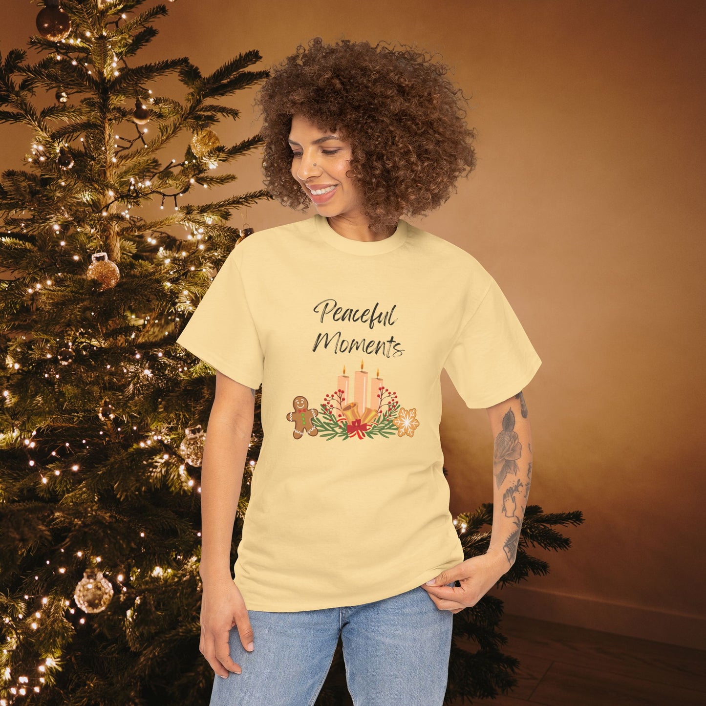 Peaceful Moments Tee — Holiday Candle & Floral Graphic T-Shirt, Cozy Christmas Aesthetic