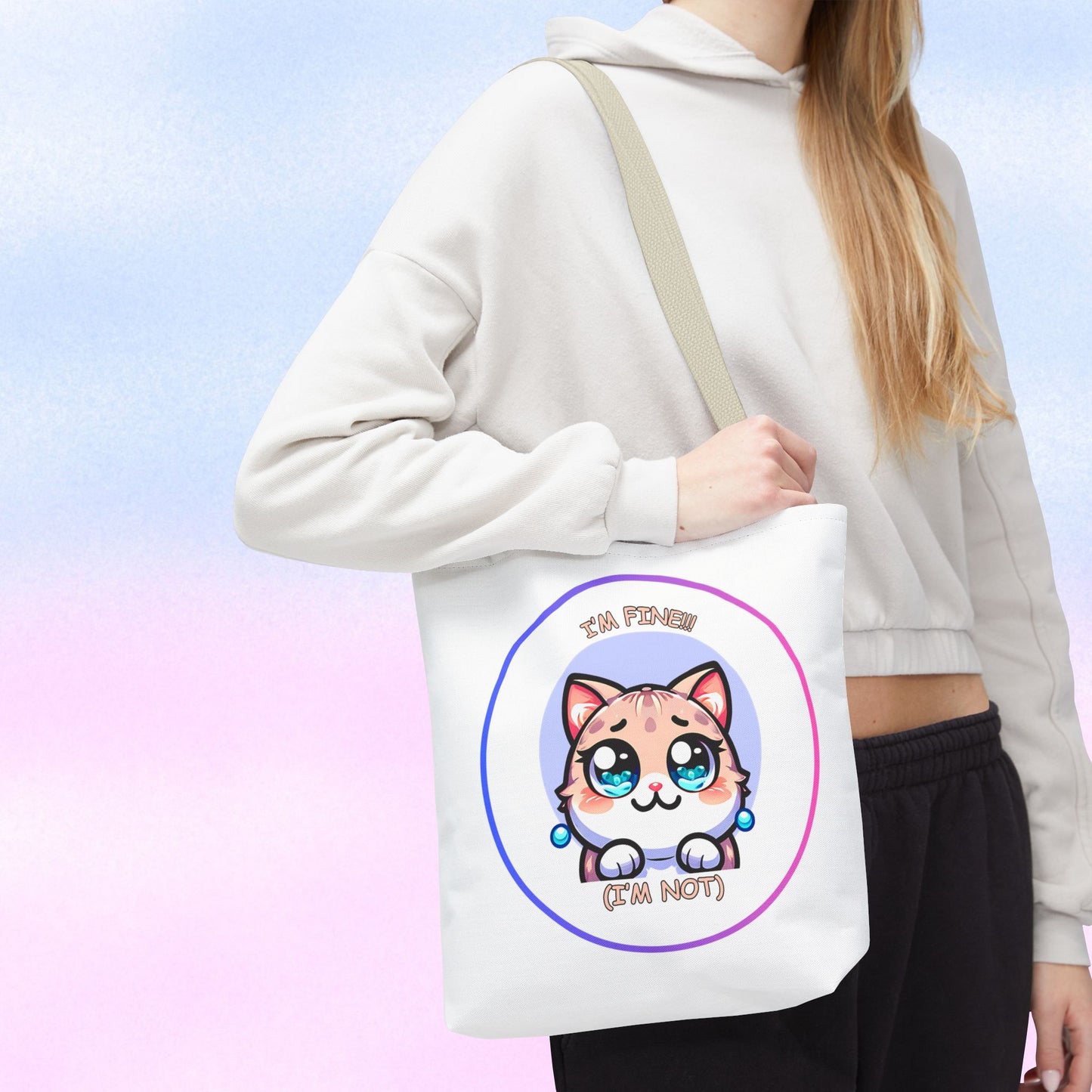 Cute Kawaii Cat Meltdown Emote Tote Bag — "I’m Fine(I'm Not)" Graphic Tote