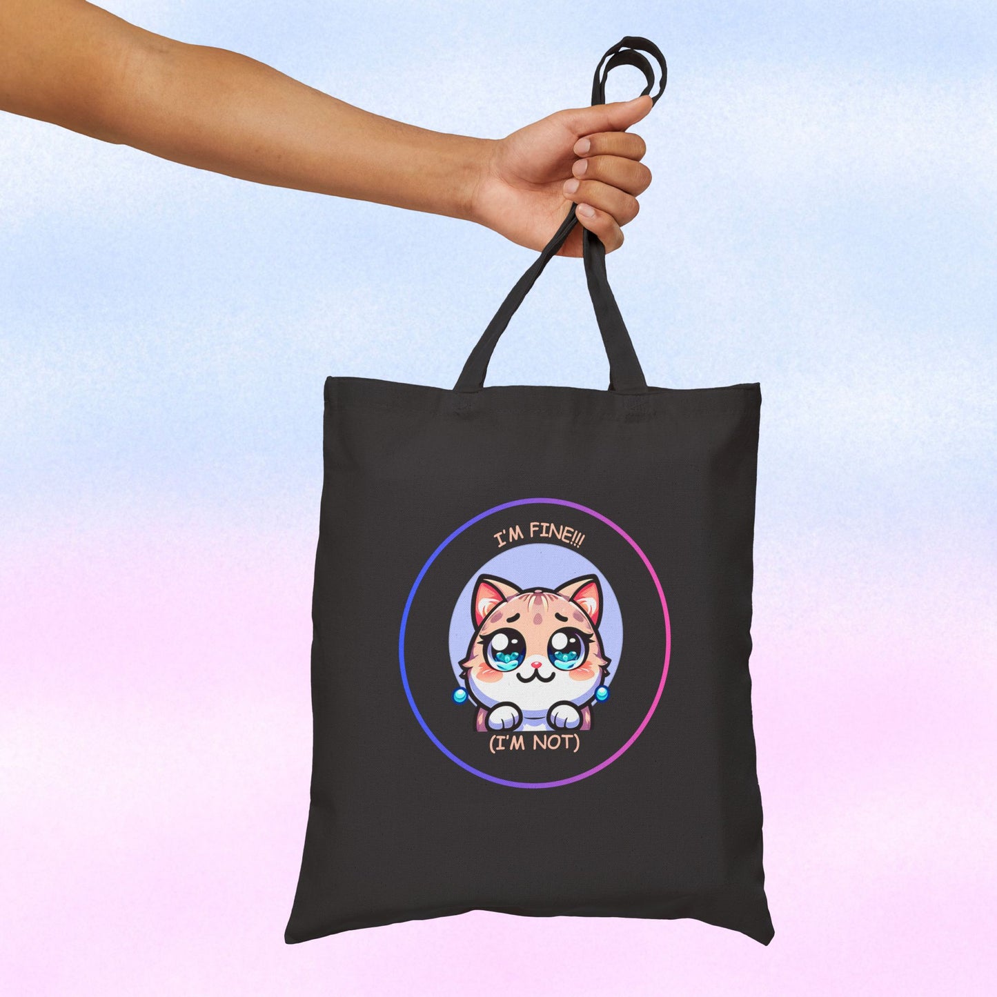 Tote Bag — Cute Kawaii Cat Meltdown Emote “I’m Fine (I’m Not)” Cotton Canvas Tote