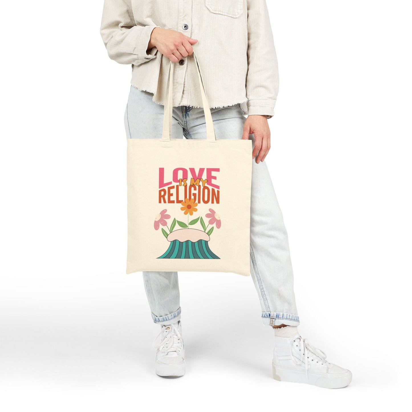 Love Is My Religion Cotton Tote — Floral Retro Canvas Bag