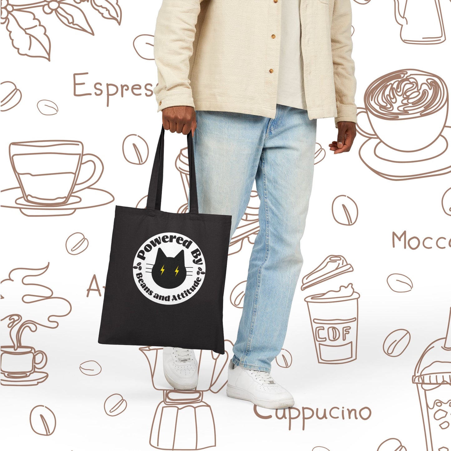 Powered By Beans and Attitude Tote Bag | Coffee Cat Illustration