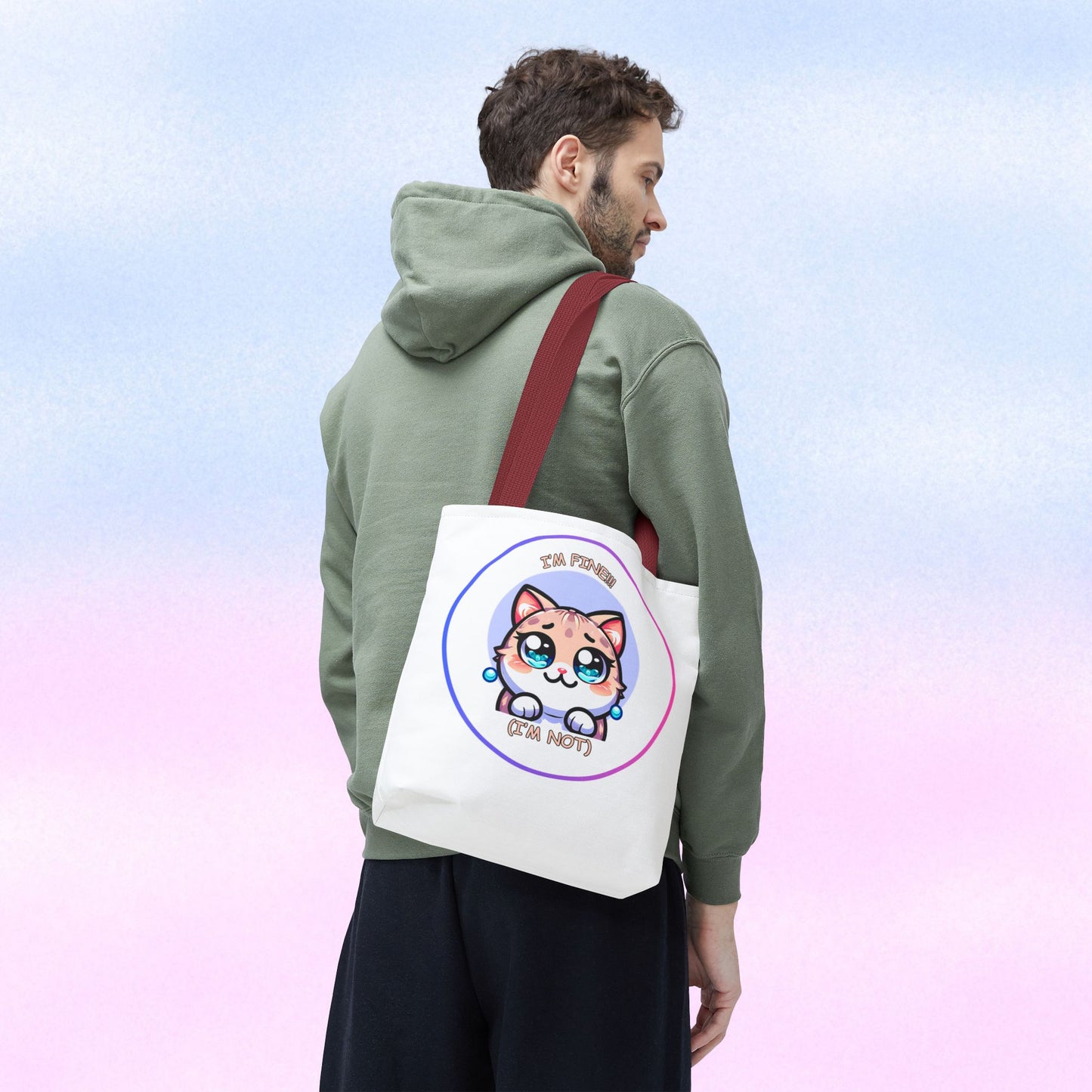 Cute Kawaii Cat Meltdown Emote Tote Bag — "I’m Fine(I'm Not)" Graphic Tote