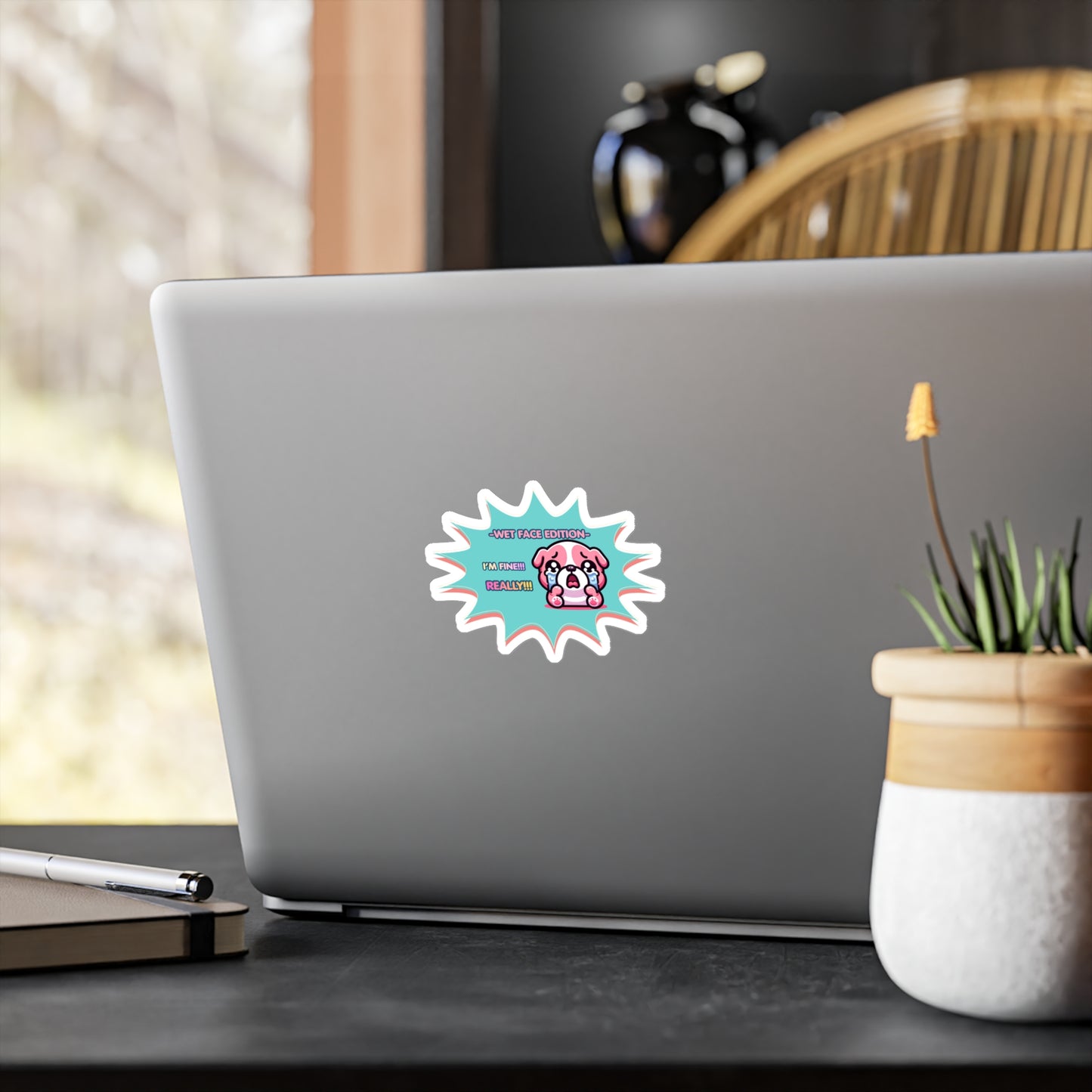 Kiss-Cut Vinyl Decal — Cute Crying Pink Bulldog Emote "Wet Face Edition: I'm Fine! REALLY!!"