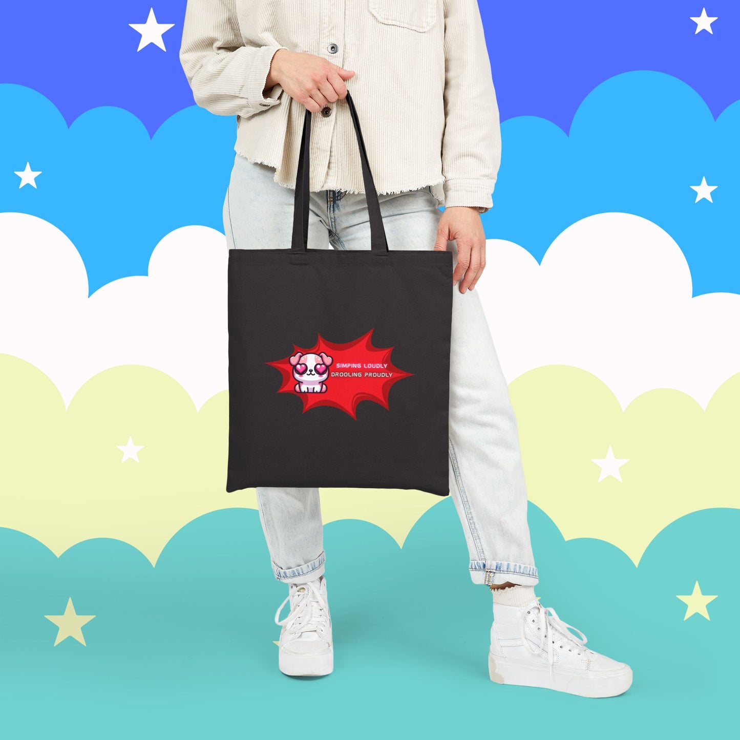 Kawaii Heart-Eyed Bulldog Tote — “Simping Loudly, Drooling Proudly” Cotton Canvas Bag