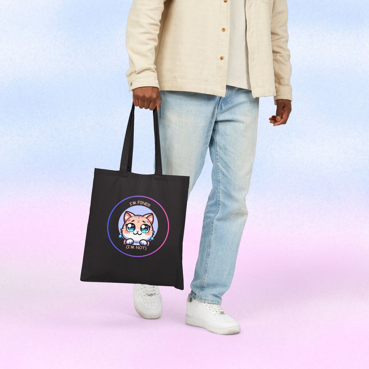 Tote Bag — Cute Kawaii Cat Meltdown Emote “I’m Fine (I’m Not)” Cotton Canvas Tote