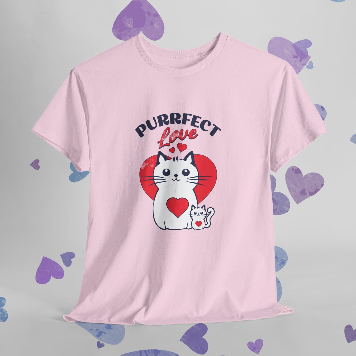 Purrfect Love Cat T-Shirt — Cute Heart Cat Graphic Tee for Cat Lovers, Valentine's Day Gift