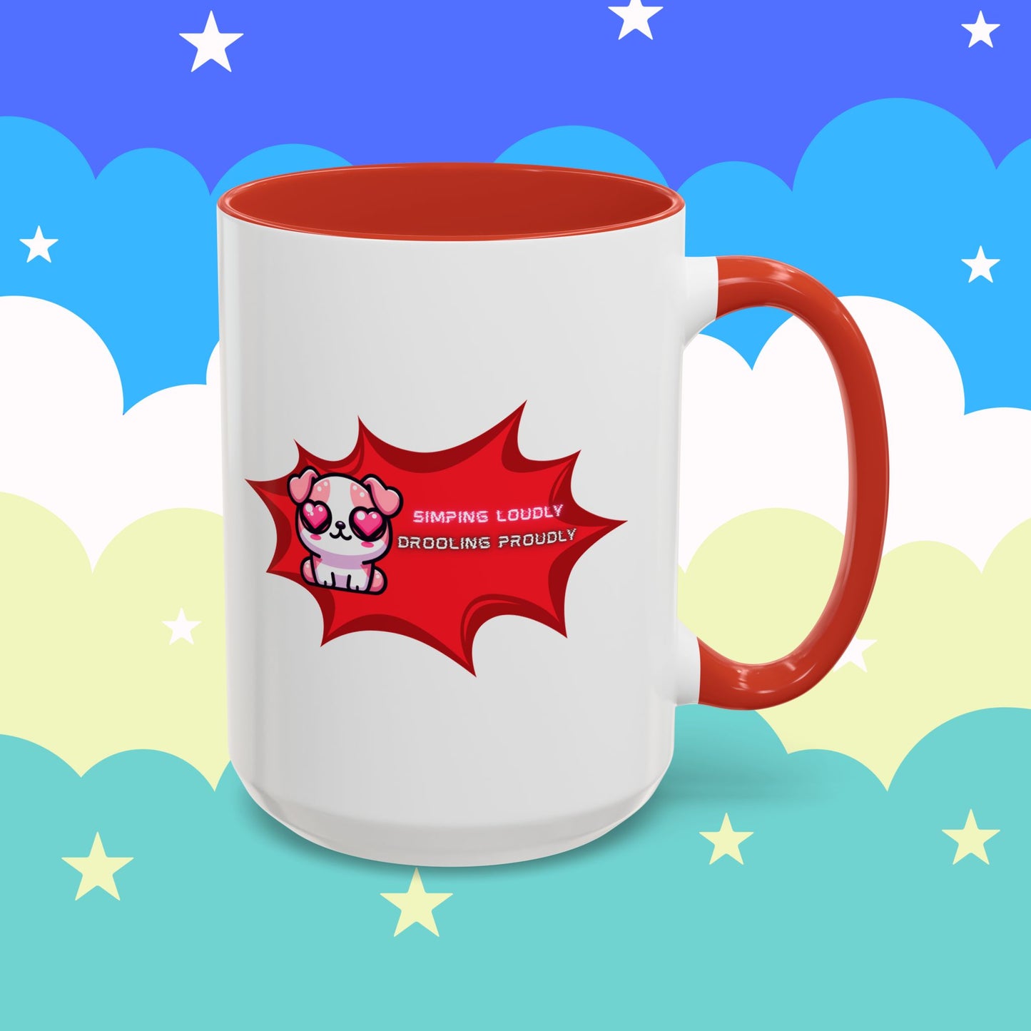 Cute Pink Bulldog Coffee Mug — “Simping Loudly, Drooling Proudly” Kawaii Heart-Eyed