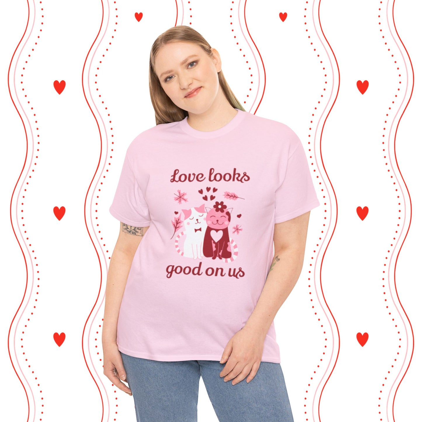 Love Looks Good On Us Tee — Romantic Cat Heart Valentine T-Shirt