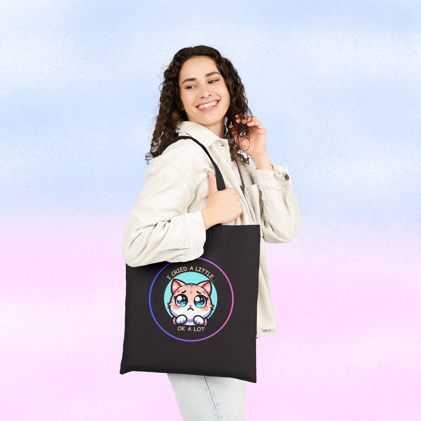 Cute Wide-Eyed Cat Illustration Tote Bag | "I Cried a Little... Ok a Lot"