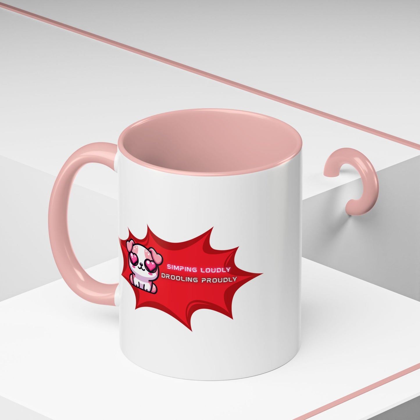 Cute Pink Bulldog Coffee Mug — “Simping Loudly, Drooling Proudly” Kawaii Heart-Eyed