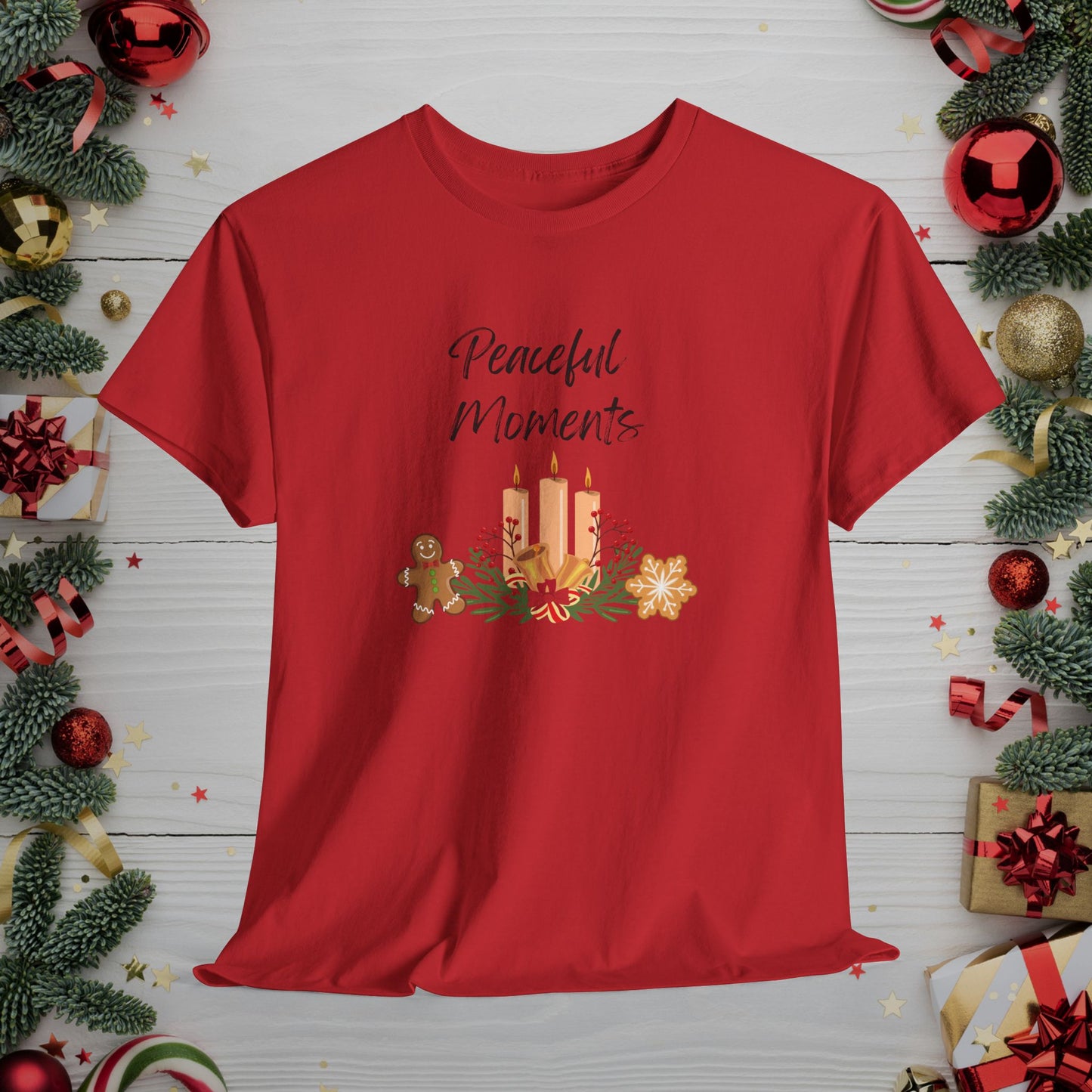 Peaceful Moments Tee — Holiday Candle & Floral Graphic T-Shirt, Cozy Christmas Aesthetic