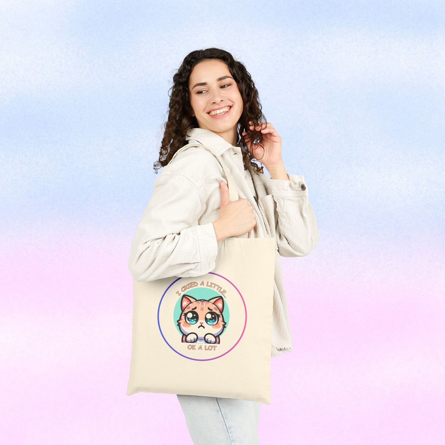 Cute Wide-Eyed Cat Illustration Tote Bag | "I Cried a Little... Ok a Lot"